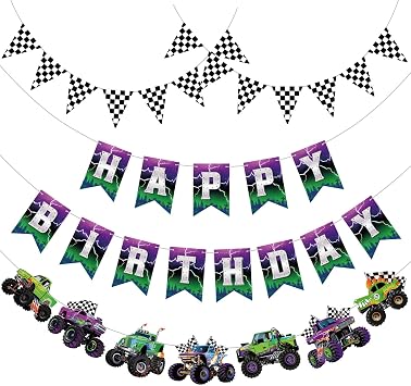 Pasimy 4 Pcs Monster Truck Birthday Banner Cars Truck Garland Black and White Checkered Flags Pennants Green Purple Happy Birthday Bunting Racing Car Theme Party Decorations Supplies