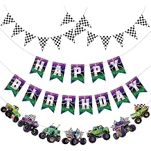 Pasimy 4 Pcs Monster Truck Birthday Banner Cars Truck Garland Black and White Checkered Flags Pennants Green Purple Happy Birthday Bunting Racing Car Theme Party Decorations Supplies
