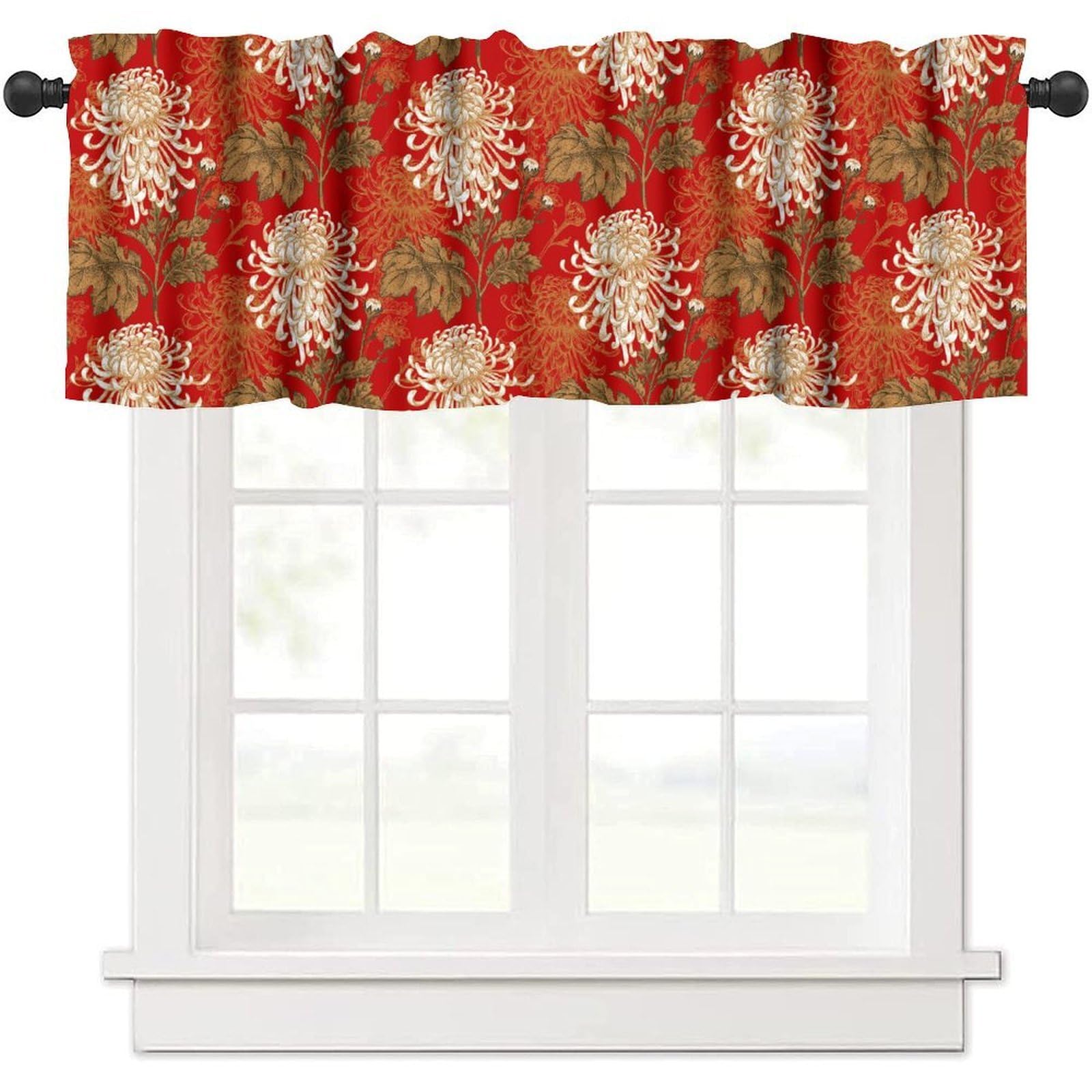 moderw Japanese Flower Valance Curtain Asian Oriental Chinese Traditional Golden Leaves Floral Chrysanthemum Red Window Treatment Valance for Home Dining Room Kitchen 54x18inch