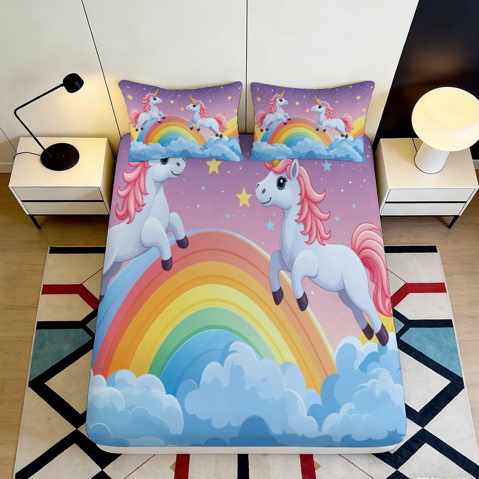 3D Printed Unicorn Rainbow Fitted Sheet Microfiber Anti-Slip Cover Pastel Clouds Mattress Protector for Bedroom Guest Room 180x200x25cm