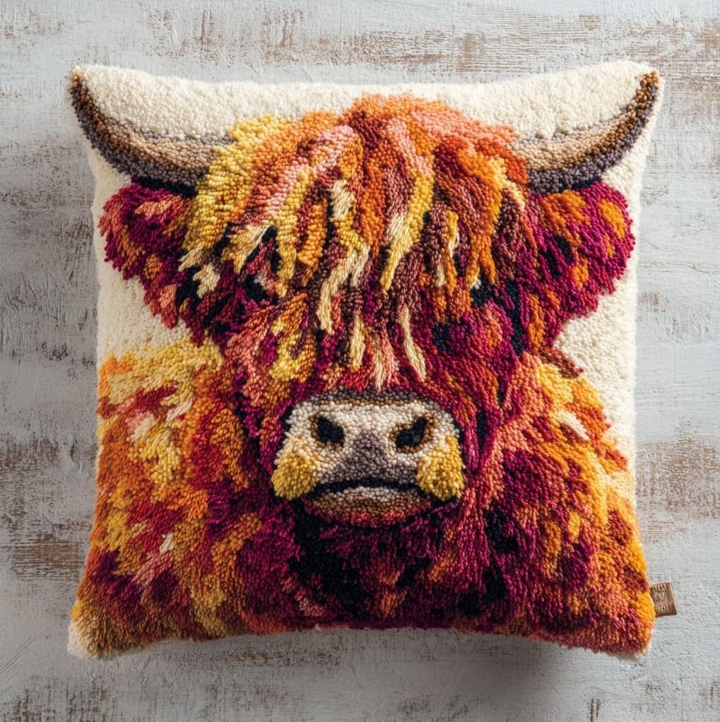 Wallustrioaw Latch Hook Cushion Kits,Highland Cattle,Latch Hook Pillow Case Kits Embroidery Carpet Set,Diy Needlework Sofa Cushion,17X17in