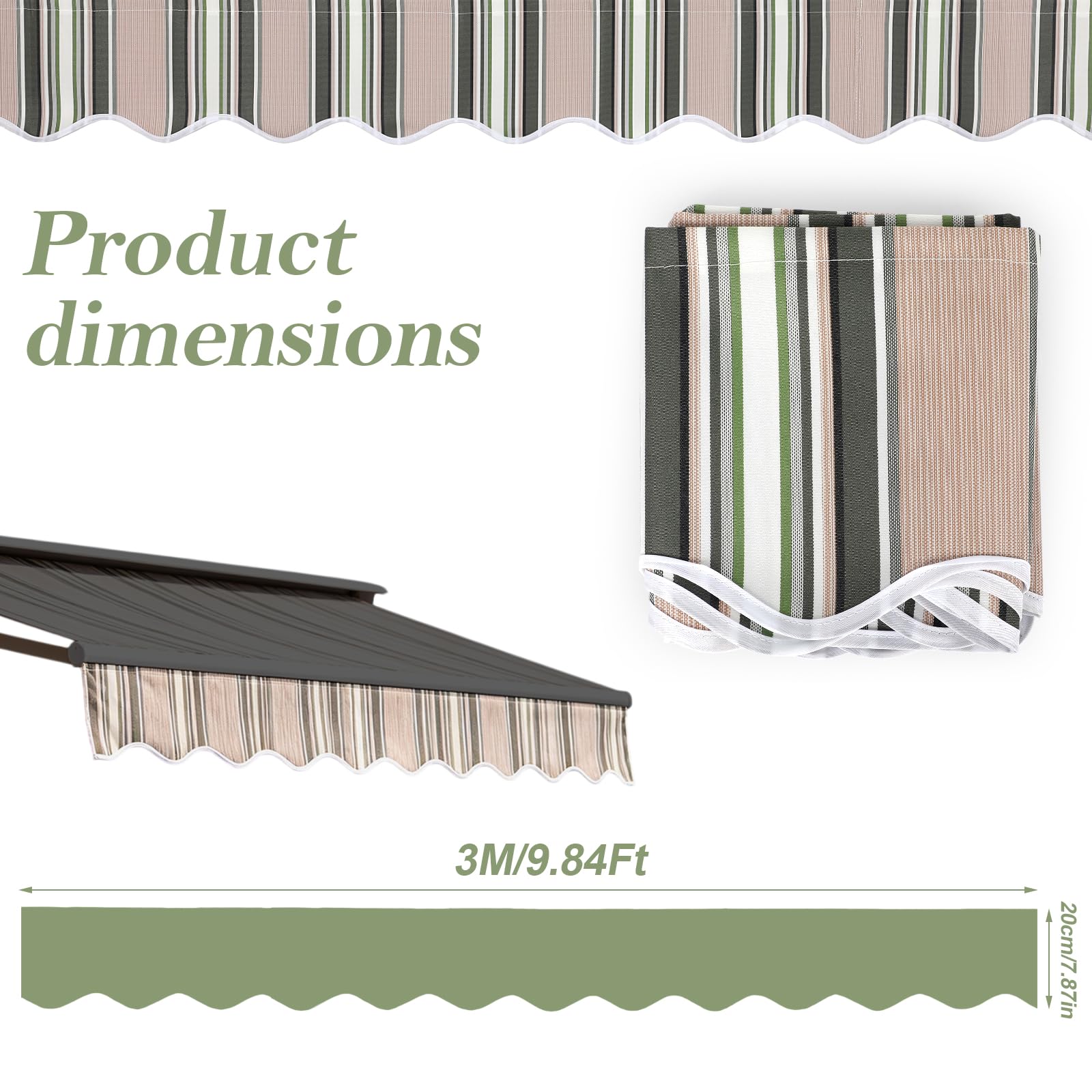 Mantovana di ricambio per tende da sole, 3 m x 20 cm, impermeabile, resistente ai raggi UV, per balcone, terrazza, tenda di ricambio (strisce verdi)