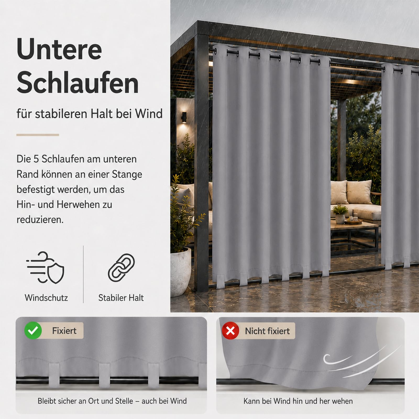 Pesonlook Outdoor Vorhang Wetterfest 2er Set, Wasserabweisende Outdoorvorhänge mit Ösen und unteren Schlaufen, Blickdicht Sonnenschutz Sichtschutz für Balkon Terrasse Pergola, 254 x 213 cm, Grau