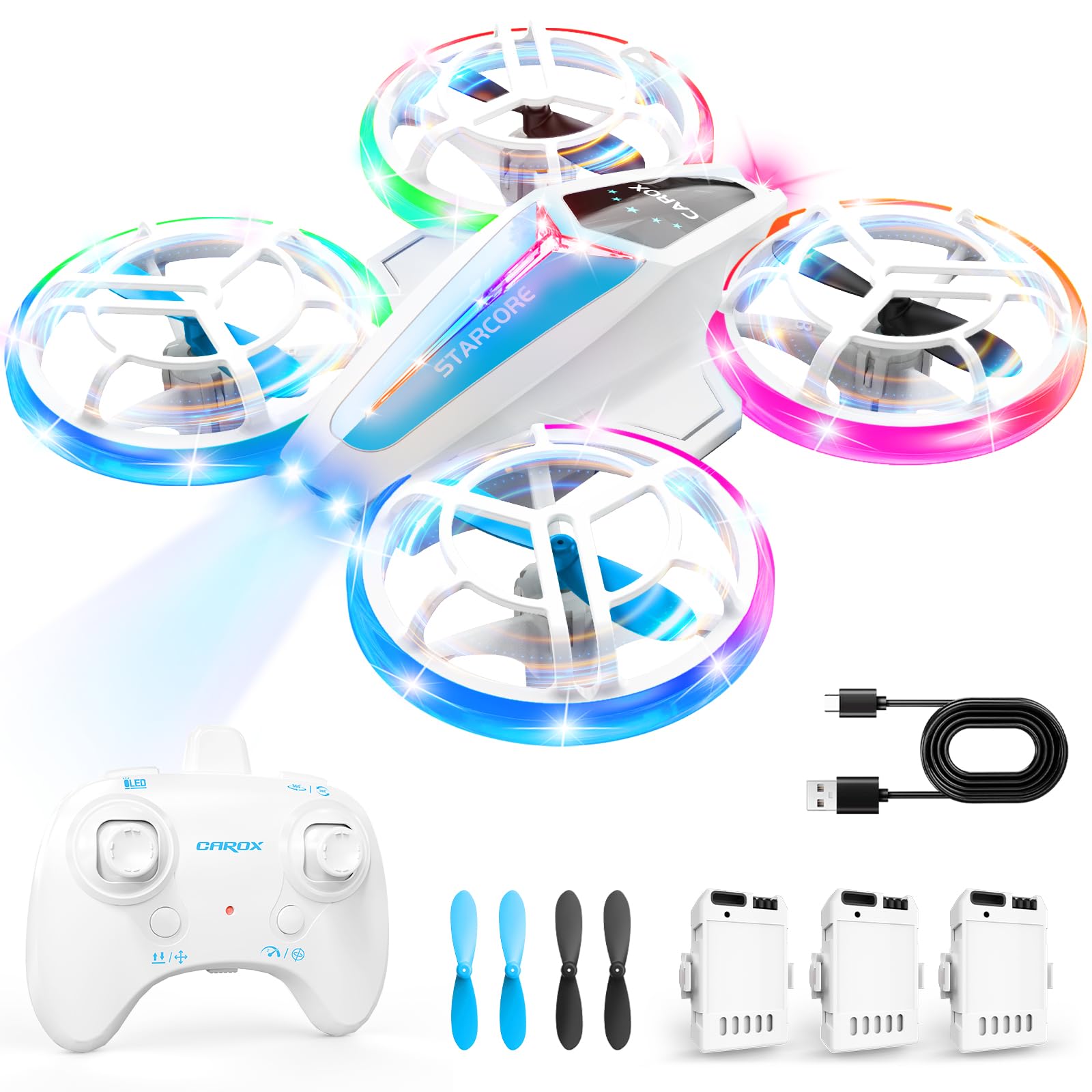 Carox Drohne für Kinder mit Doppeltem LED-Licht, 360° Flip, Propellerschutz, RC Spielzeug Drohne für Kinder und Anfänger Indoor Outdoor, Geschenk für Jungen Mädchen ab 6 7 8 9 10+ Jahren