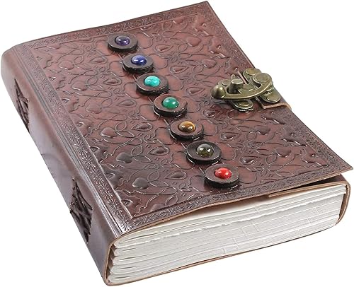Miniatura 7 de AzureGreen Diario de cuero del libro de las sombras, cuaderno sobrenatural con piedras preciosas de chakras, cristales curativos y pestillo