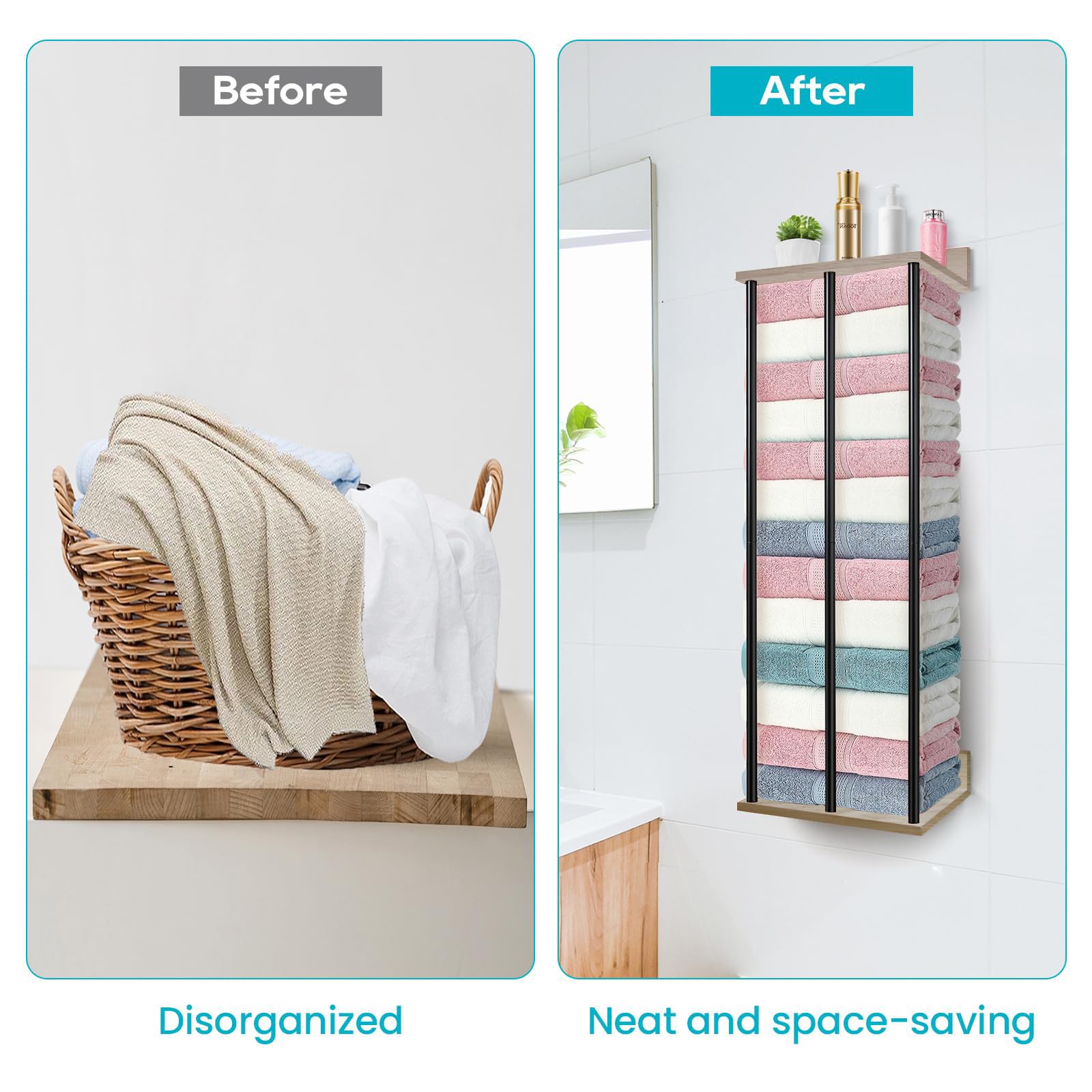 WeGXY Towel Racks for Bathroom Wall Mounted Wall Towel Rack for Rolled Towels,Metal Towel Holder with Wooden Shelf,Towel Storage Organizer for Small Bathroom - Image 2
