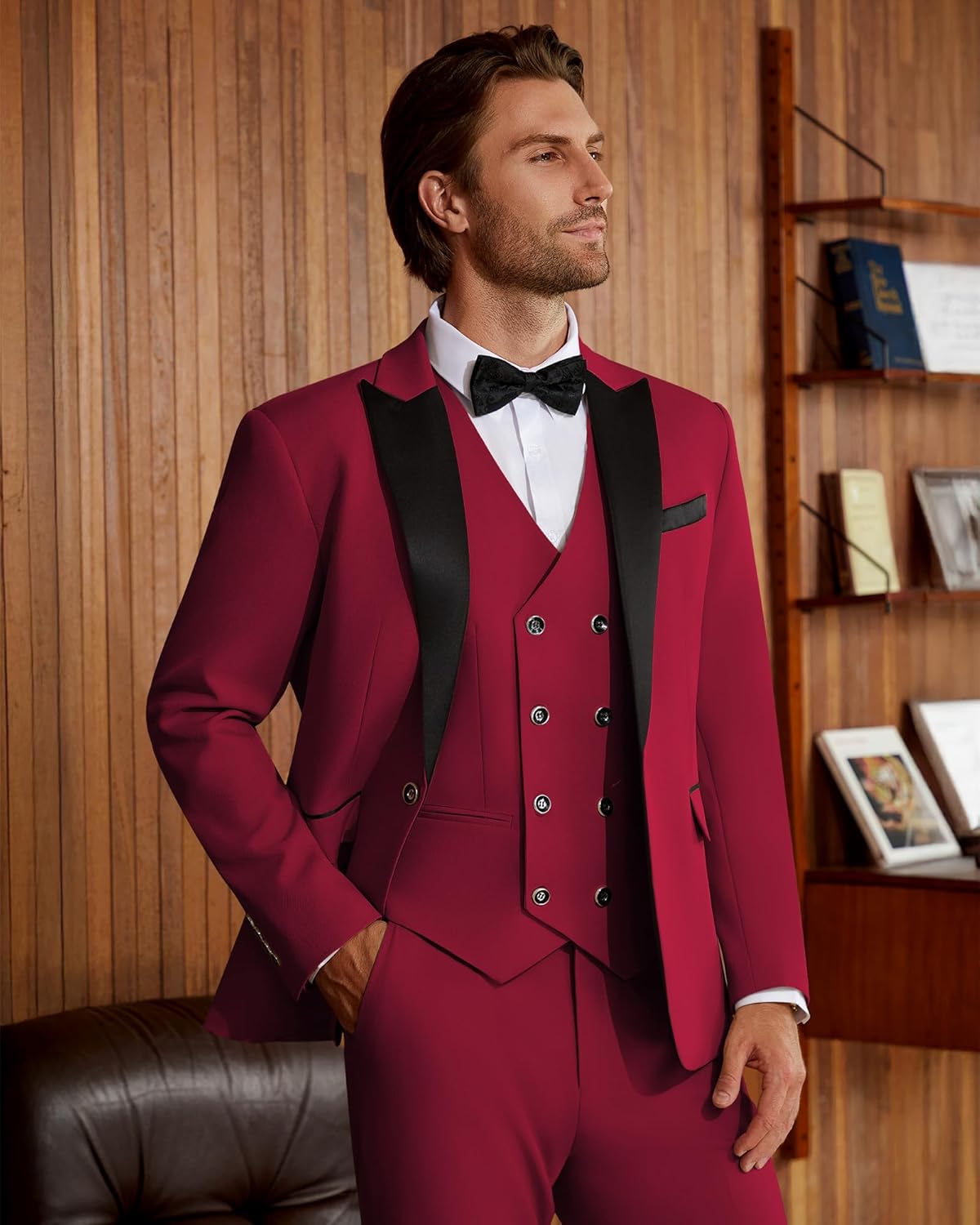 WULFUL Men's 3 Piece Suits Slim Fit Tuxedo Suit Set Double Breasted Suit Jacket Vest Pants Set for Wedding Prom - Image 2