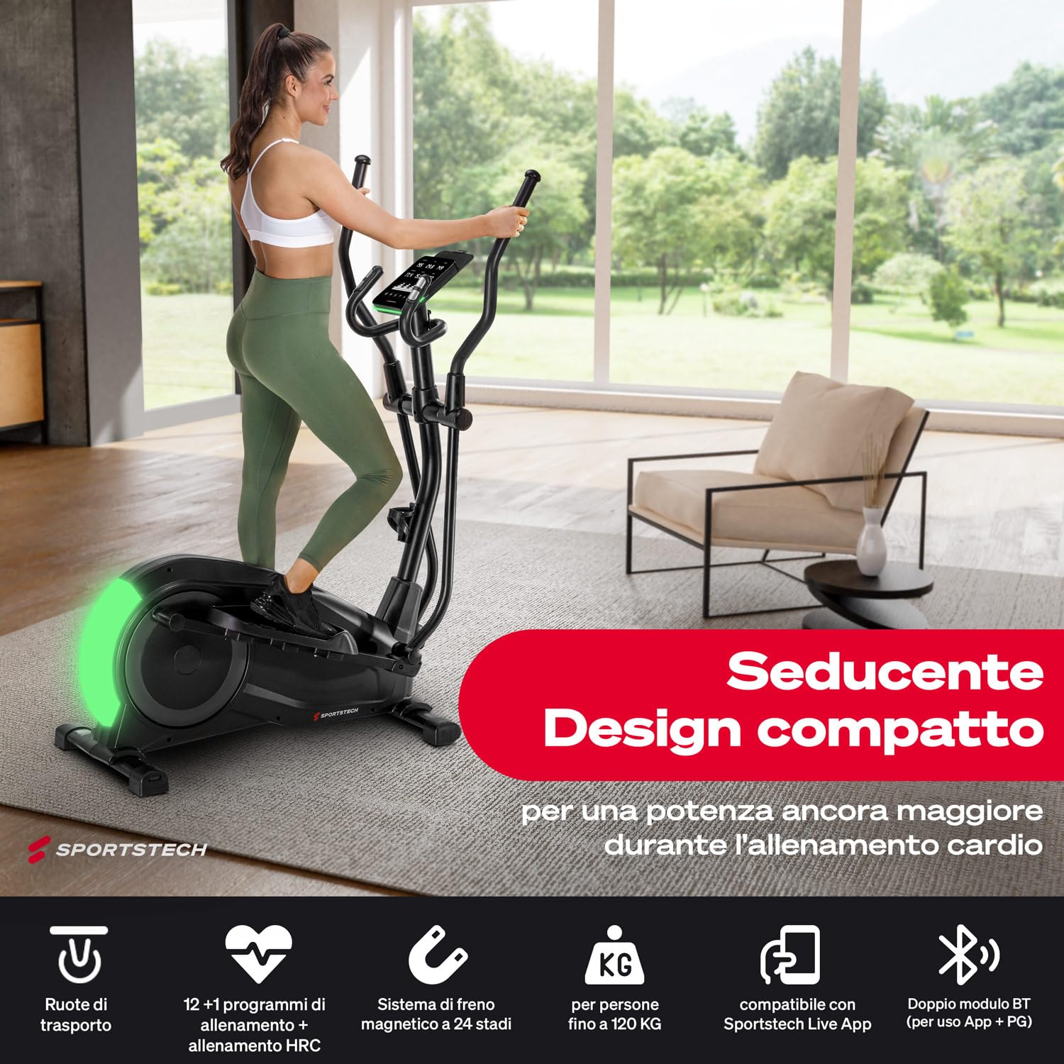 Sportstech CX700 Ellittica da Casa Trainer, Professionale Bike per la Palestra di Casa, Intelligente Cyclette Ellittica con Freno Magnetico e Sistema LED, 12 Programmi + Modalità HRC e Watt