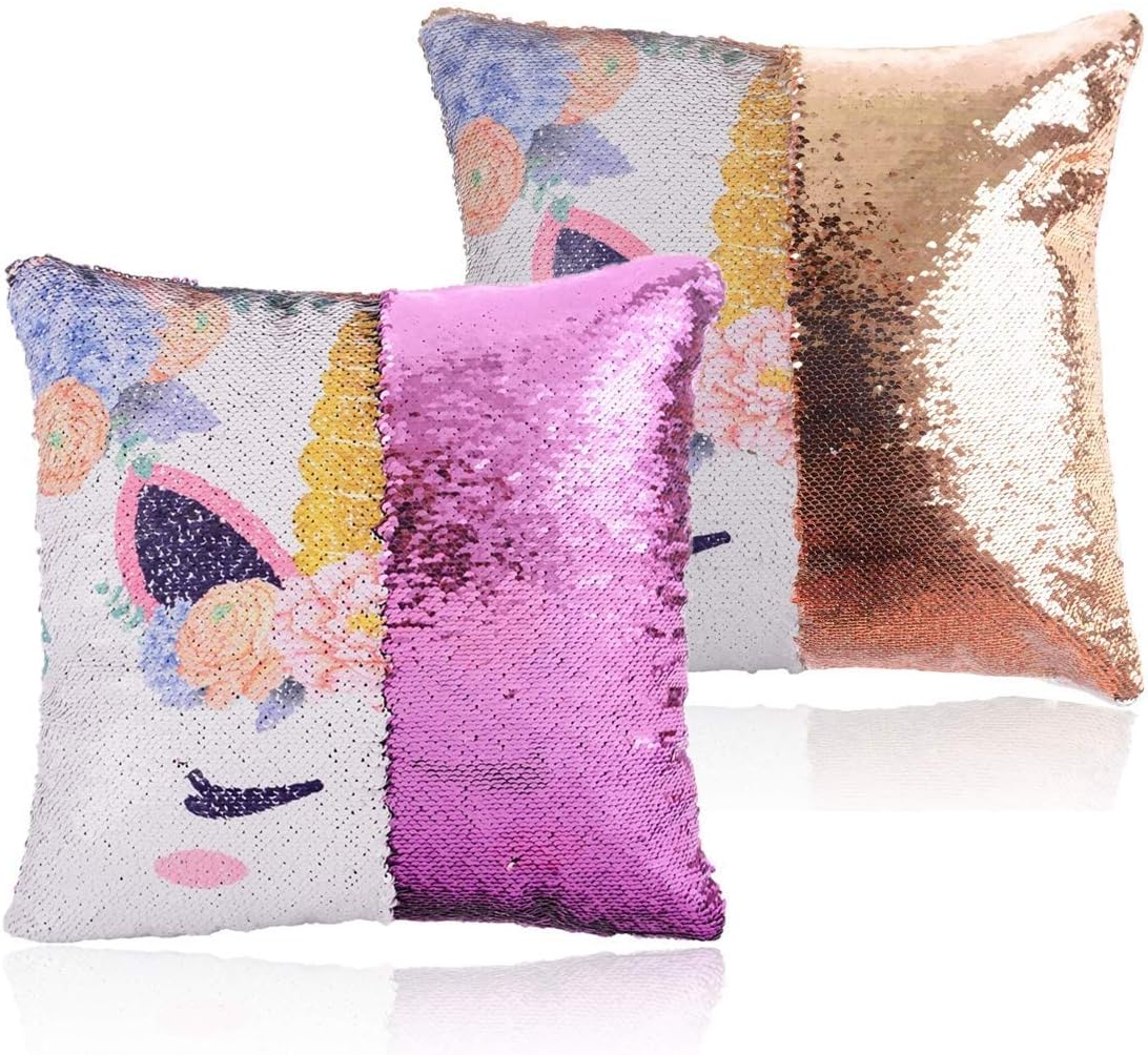Set of 2 Unicorn Mermaid Pillowcover, Unicorn Gifts for Girls, Reversible Sequin Flip Pillow Cover Throw Cushion Case Decorative Pillowcase by Ame Ryoku (Sequin Unicorn Purple & Gold, 16"x16")