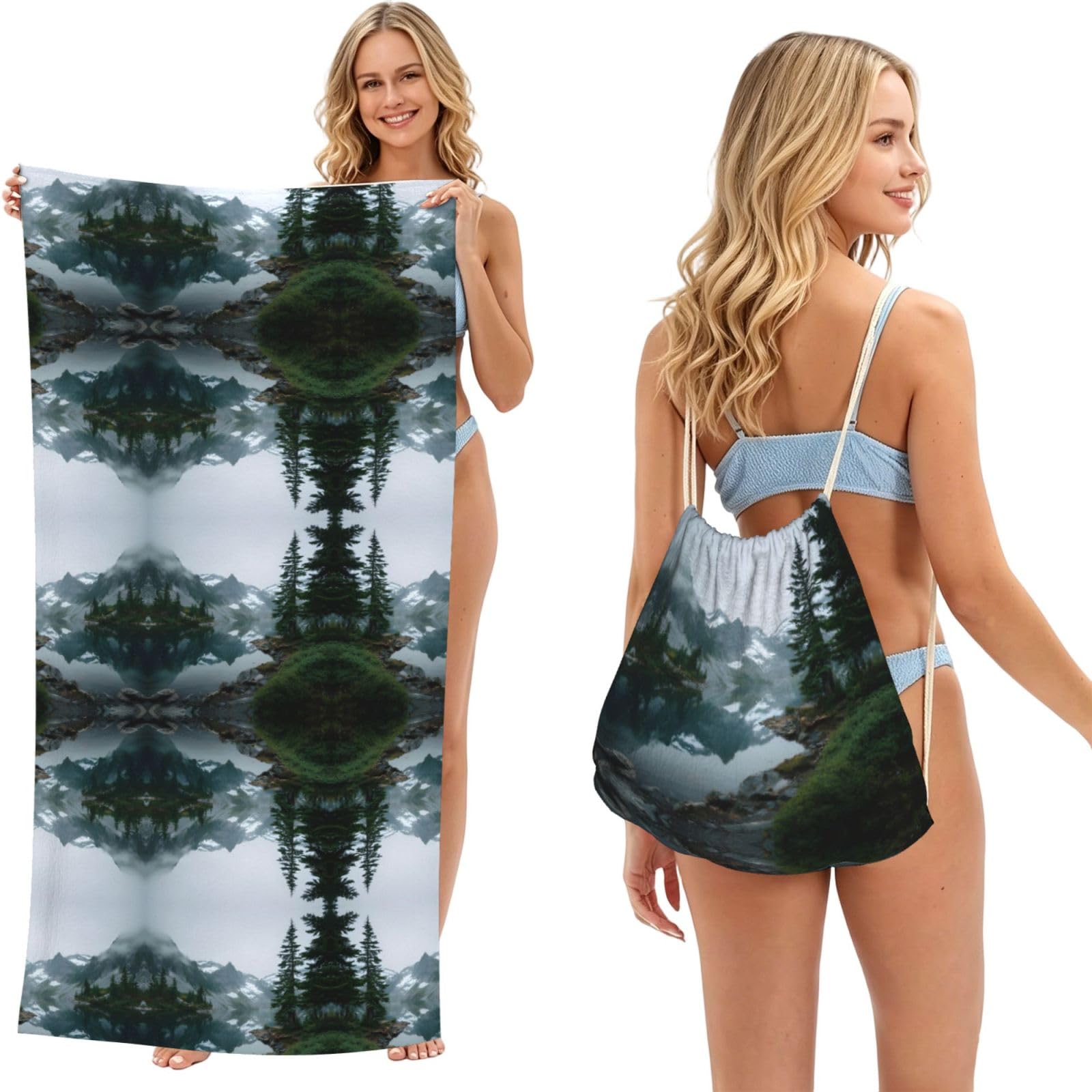 EZDLOWVBA Glacier Lake Print Beach Towel Backpack 2 In 1 Summer Large Lightweight Beach Towel - Multifunctional Ship Pattern Towel Bag For Storage,Sport