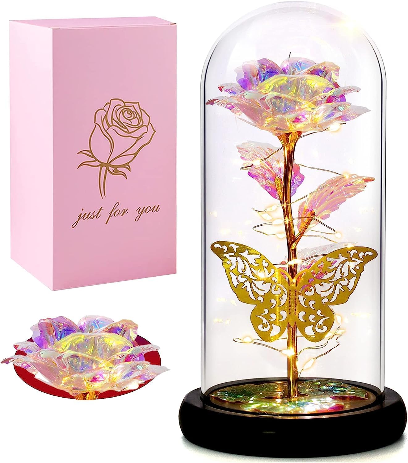 Preserved Flower Gift, Light Up Rose in Glass Dome, Eternal Forever Rose Flower Valentines,Anniversary,Wedding Gifts Rainbow Forever Rose in Glass Dome (Butterfly)-image-10