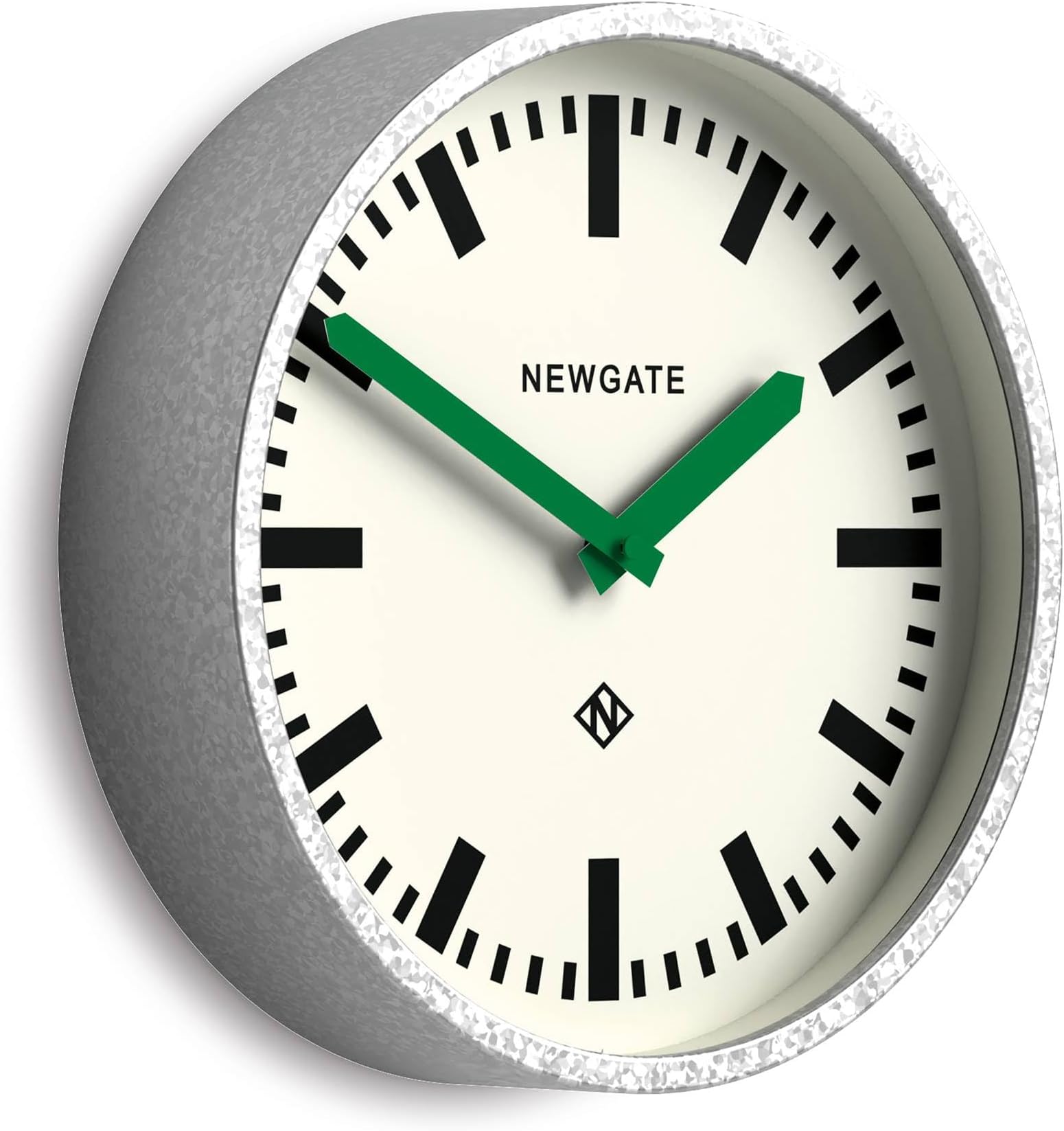Luggage wall Clock | Modern Retro Metal Station Clock | 30cm | Deep galvanised Metal case with Green Hands | Contemporary Vintage Style for Kitchen, Living Room or Office