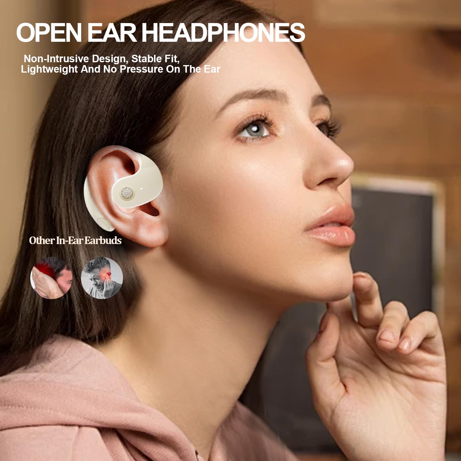OWS - Cuffie a orecchio aperto, wireless, Bluetooth 5.4, da appendere, con ganci per le orecchie e microfono, impermeabili IPX5, gamma 48H, per sport, corsa, allenamento, guida (kaki)