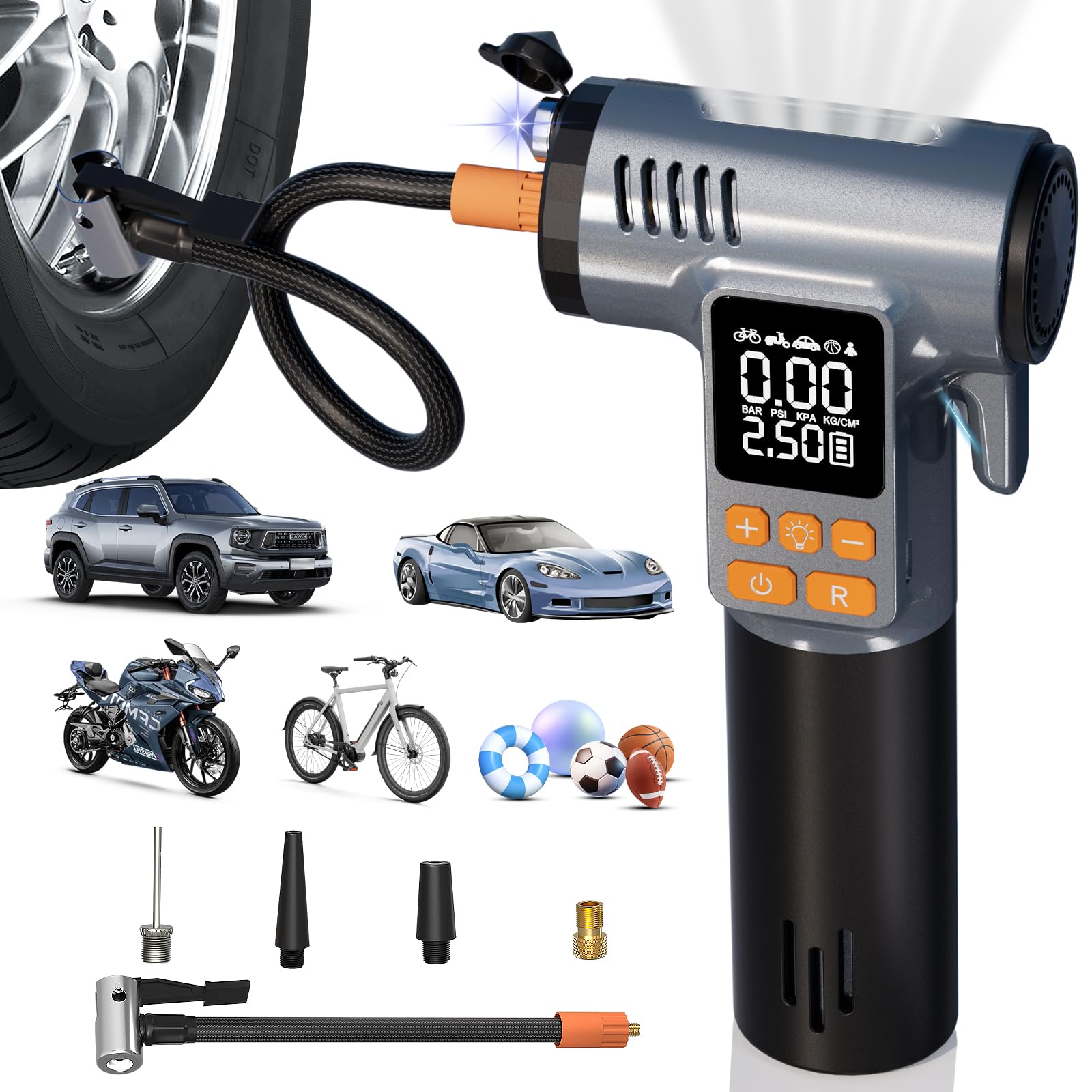 Compressore d'aria portatile, 180 psi, 15500 mAh, pompa ad aria 6 volte più veloce per pneumatici auto, pompa 8 in 1 per bici con manometro digitale e spegnimento automatico, gonfiaggio senza fili per