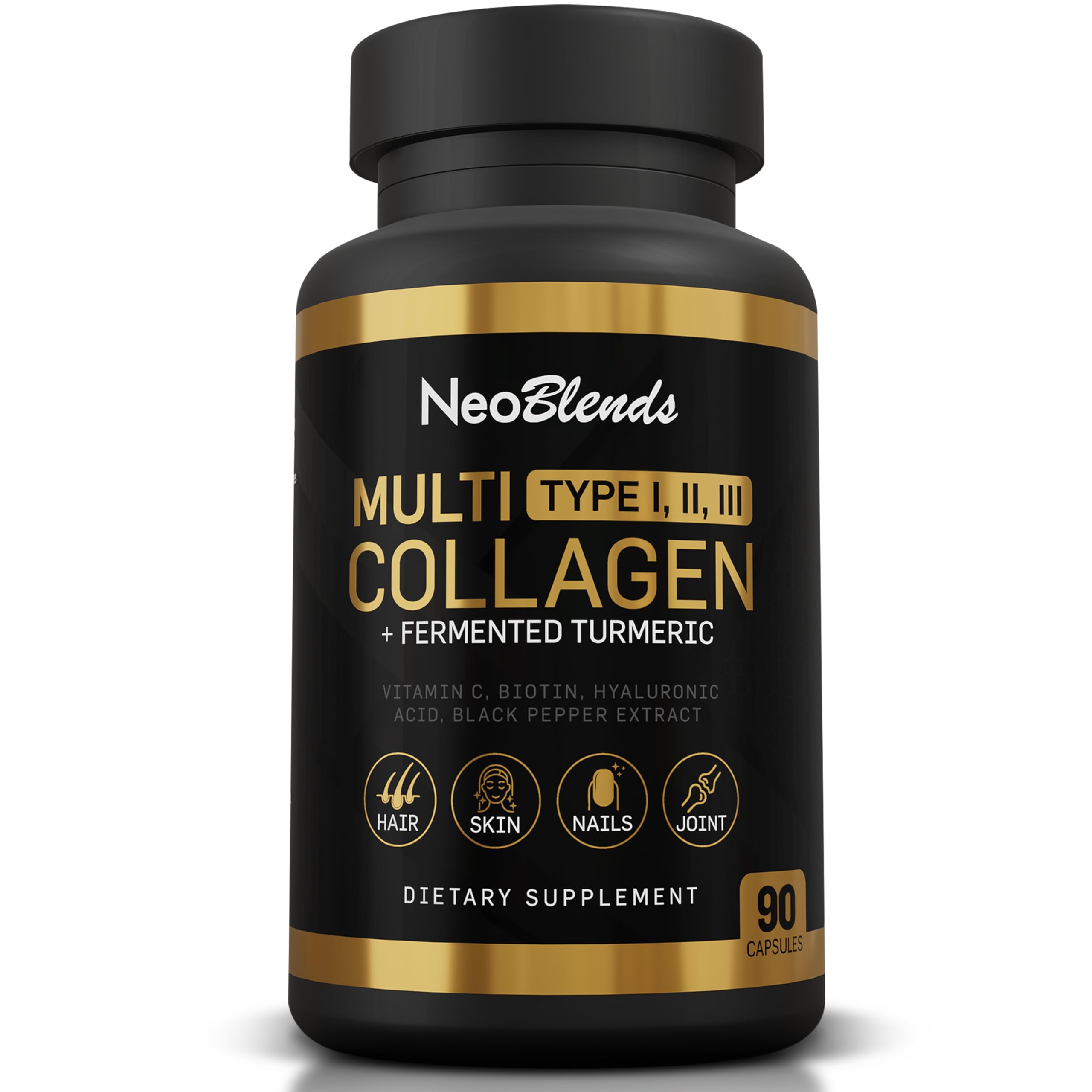 Multi Collagen + Fermented Turmeric – Hydrolyzed Collagen Types I, II & III with Biotin, Hyaluronic Acid & Vitamin C – Skin, Hair, Nail & Joint Support – 90 Capsules