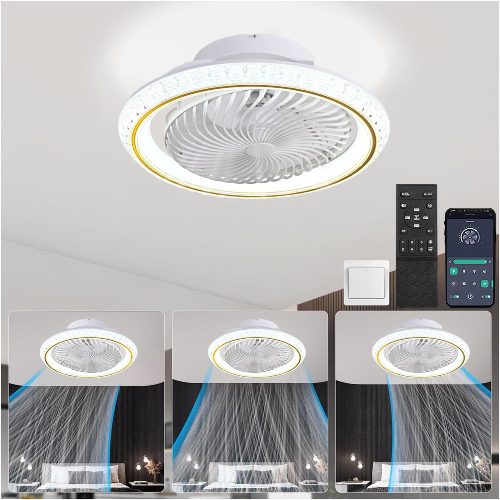 Ventilateur Plafond 49cm avec Lumiere et Télécommande, Silencieux, Rotatif 360°, 6 Vitesses, Dimmable LED 3000-6500K