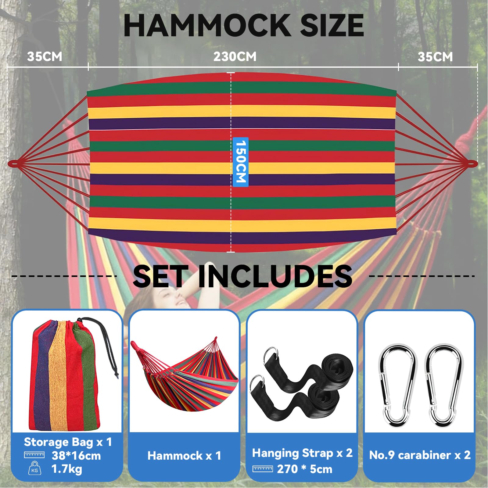 Amaca da Campeggio in Tela 300x150 cm, Capacità di Carico 270 kg, Portatile con Borsa