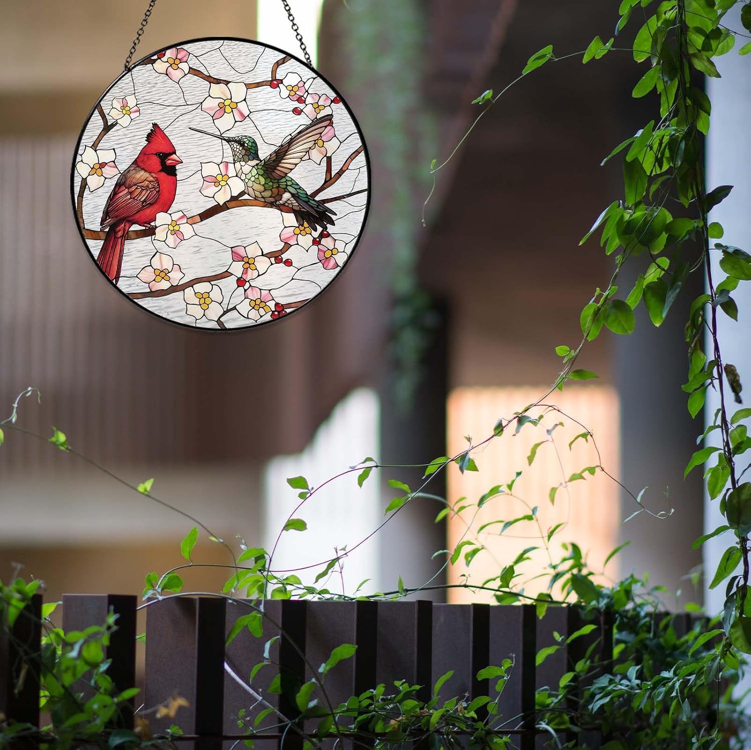Cardinal&Hummingbird Stained Glass Window Hanging Birds Sun Catcher Cardinal Lover Gifts for Women Christmas Lovebirds Suncatchers for Garden Home Windows Hanging Decoration, 7.87inch