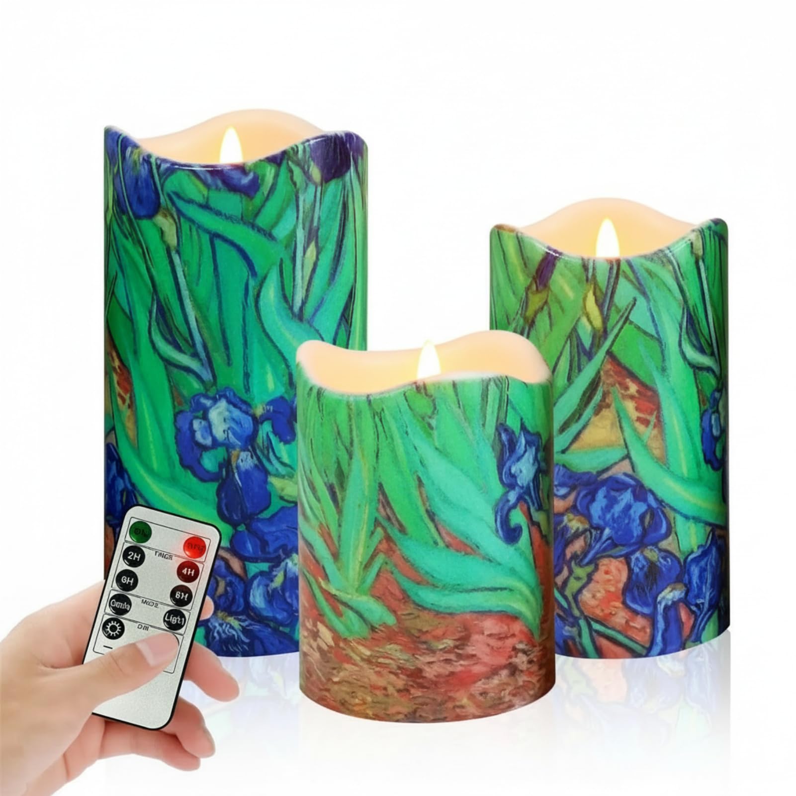 Floral Flameless LED Pillar Candles, 3pcs Van Gogh Irises Battery Operated Flickering Candles with Timer Remote,Decorative Flickering LED Candles for Wedding Mother's Day Home Decor