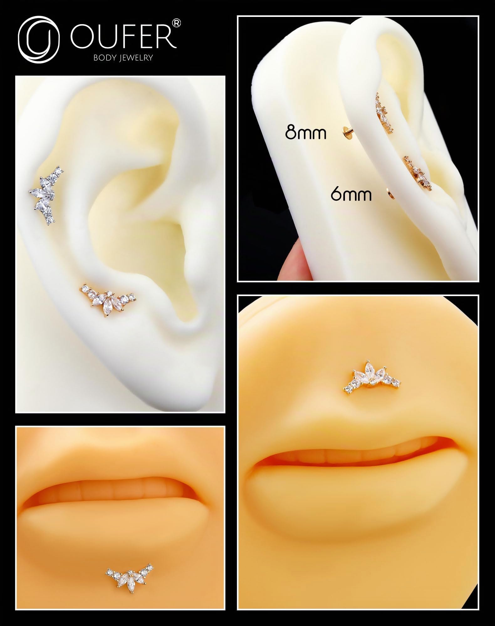 OUFER 14K Massivgold Conch Piercing Ring 16G Helix Piercing 6mm/8mm Helix Ring Innengewinde Helix Ohrringe Klar CZ Lippenpiercing Knorpel Ohrpiercing Piercing Conch Ring
