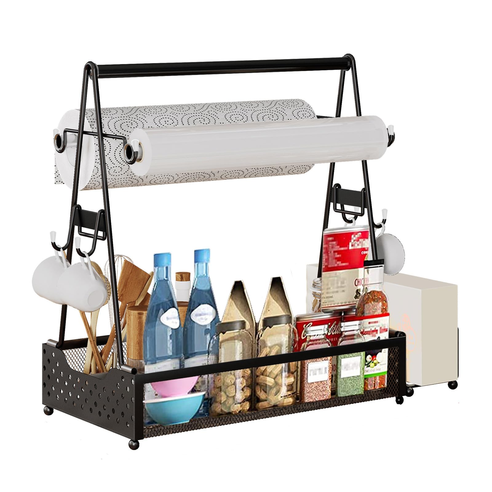 Grill Caddy, contenitore per utensili da barbecue, con porta asciugamani di carta e 4 ganci, in metallo, accessori da campeggio, organizer per cucina all'aperto