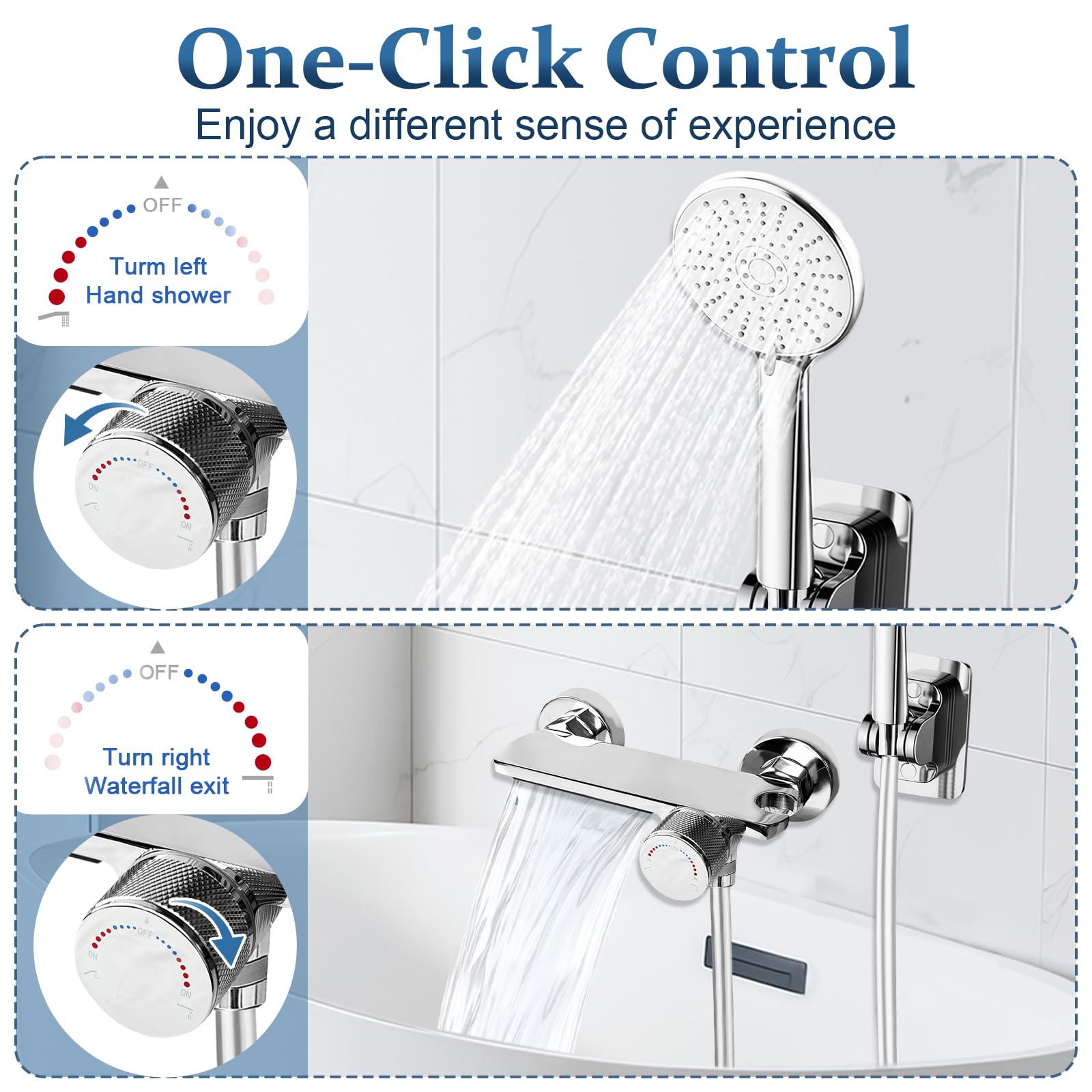 Mitigeur Baignoire, robinet cascade avec douchette, Robinet Baignoire avec Douchette 5 Jets, Robinet Salle Bain Baignoire Mural avec Flexible 1,5m, Robinet de baignoire (Chromée)
