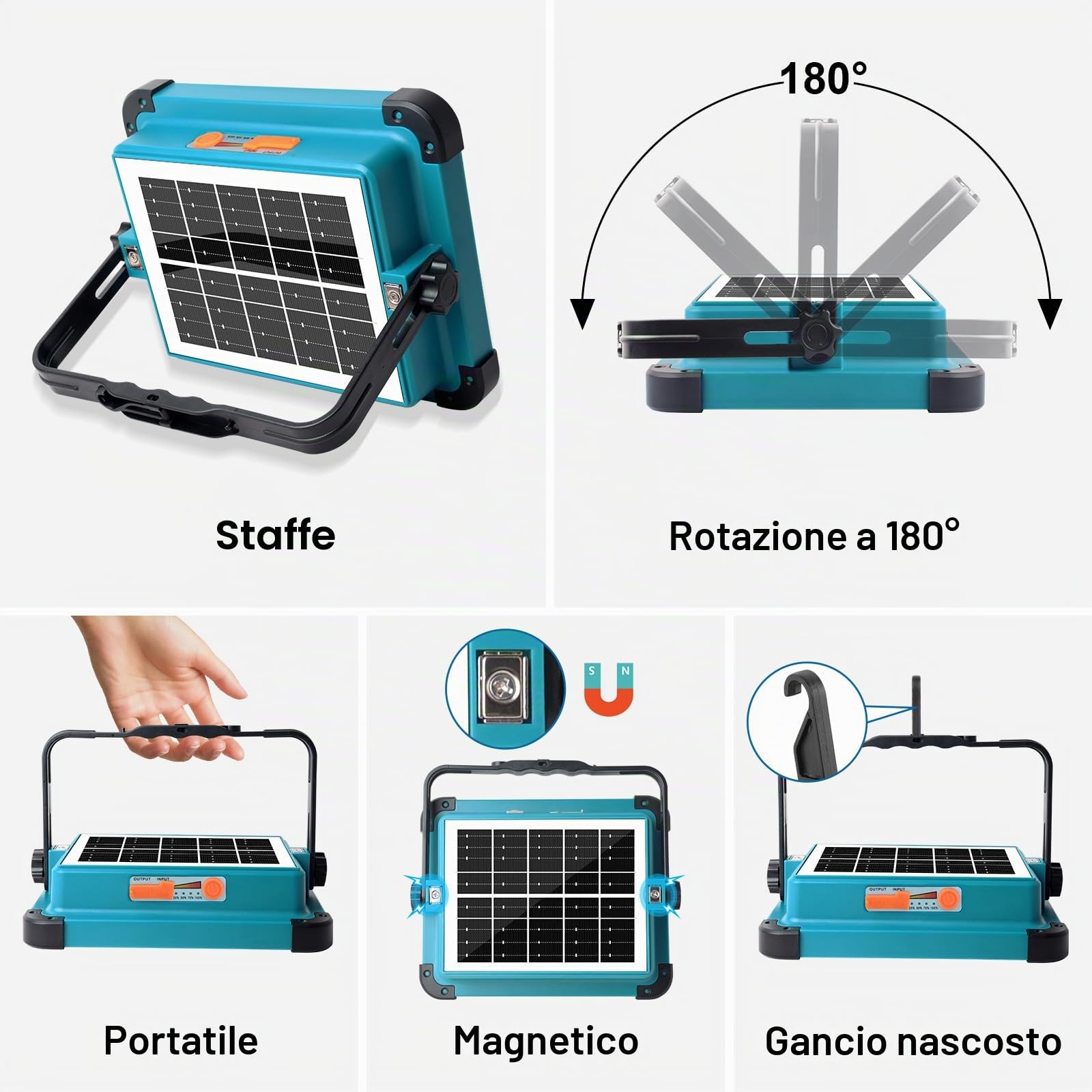 ERAY 100W Faro LED Ricaricabile Batteria da 12000mAh | 5 Modalità, 480 Perle LED, Pannello Solare, Faretto LED da Cantiere per Emergenza, Campeggio, Riparazione, Garage, Esterni