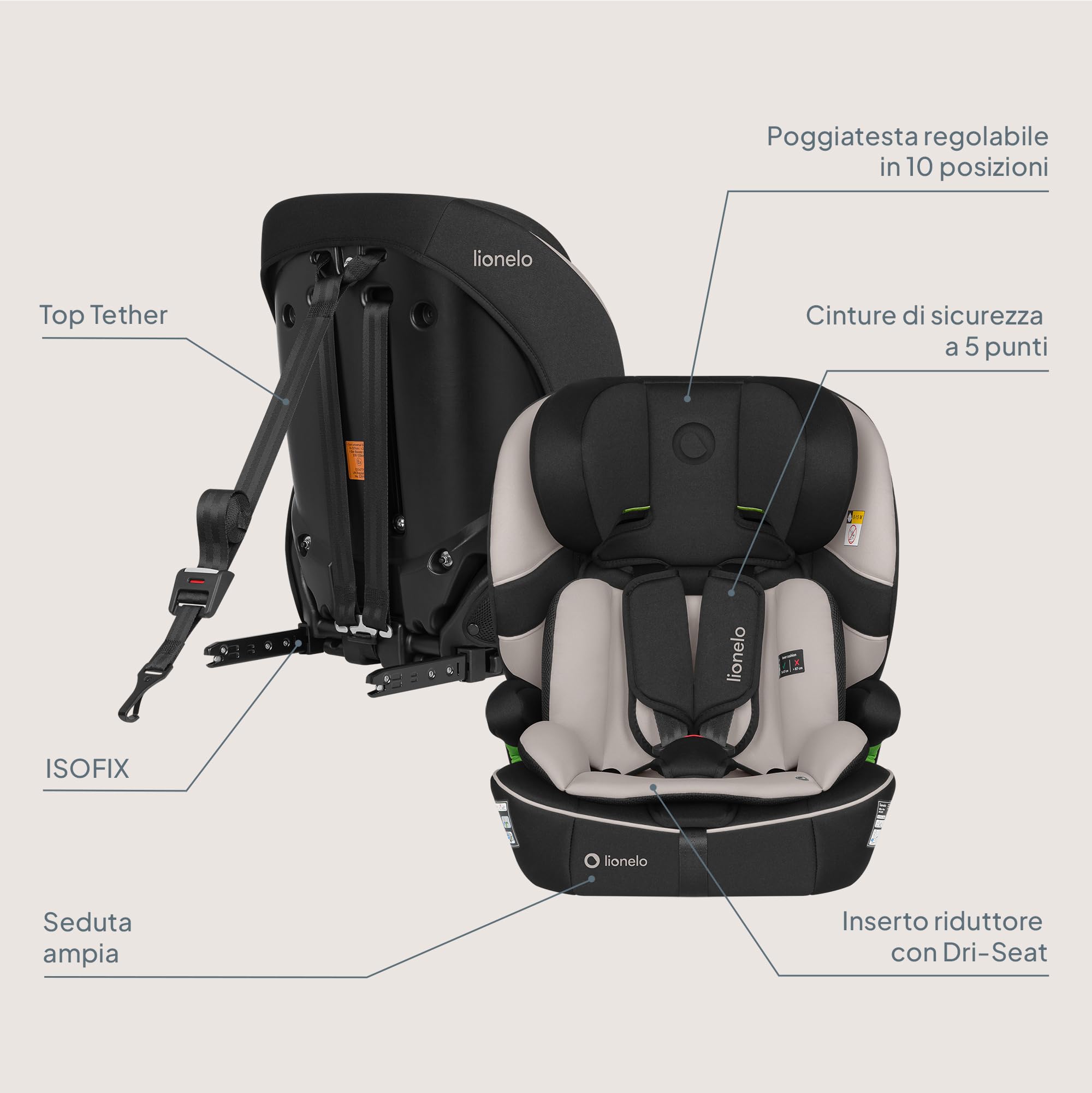 LIONELO Seggiolino Auto BILLY i-Size per Bambini 76–150 cm (15 mesi–12 anni) Installazione ISOFIX o cintura, Poggiatesta 10 Liveli, Protezione laterale, TopTether, Cinture a 5 punti, Ultima Norma R129