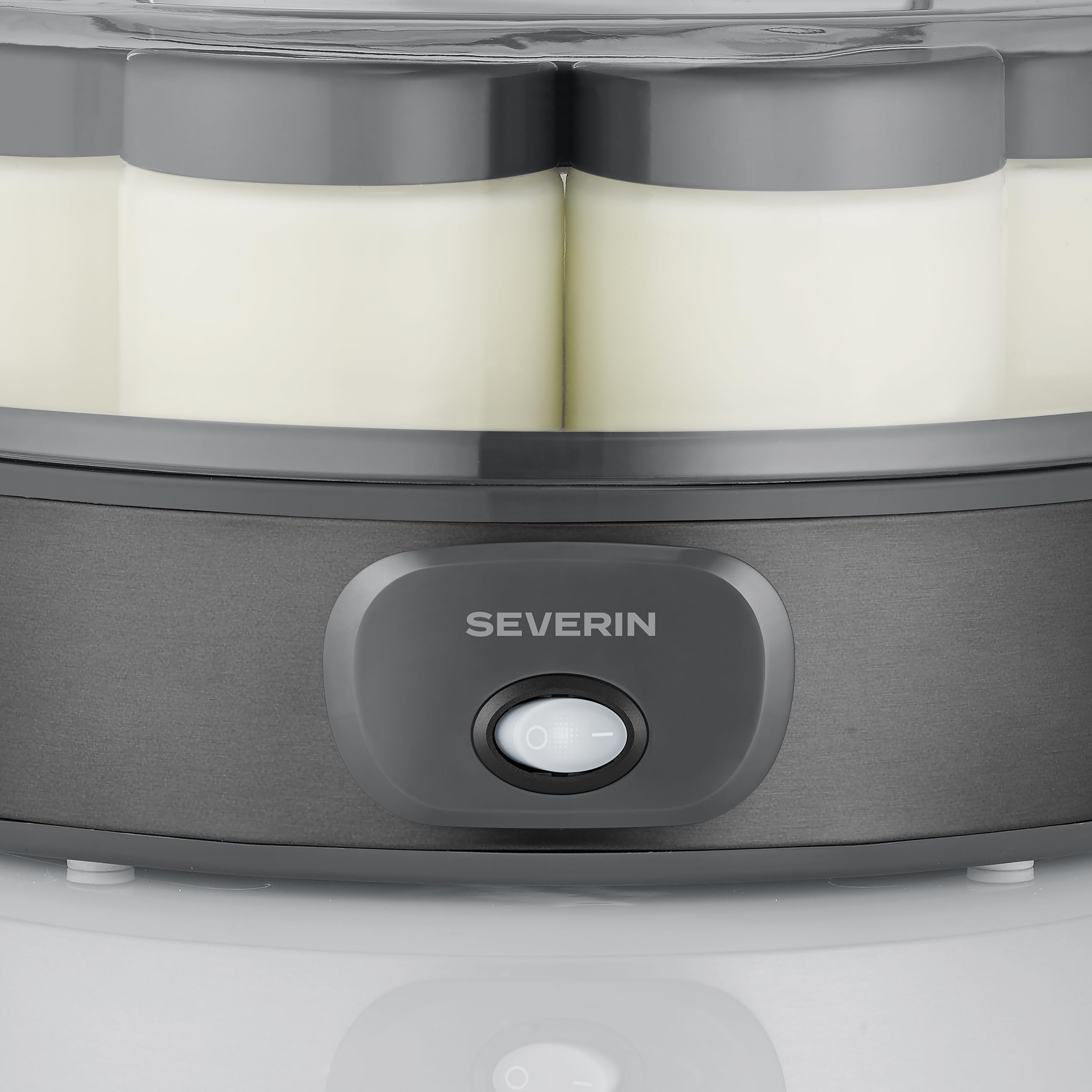 Severin Yogurtera, incluye 7 tarros de yogur de 150 ml para 1 litro de yogur casero, tapa transparente, estilo griego, interruptor basculante, 18 W, acero inoxidable oscuro, JG 3510