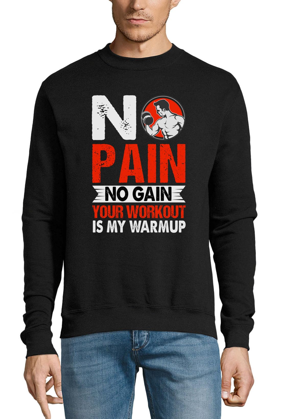 Felpa in cotone con logo rosso "No Pain No Gain Your Workout Is My Warmup", colore: nero