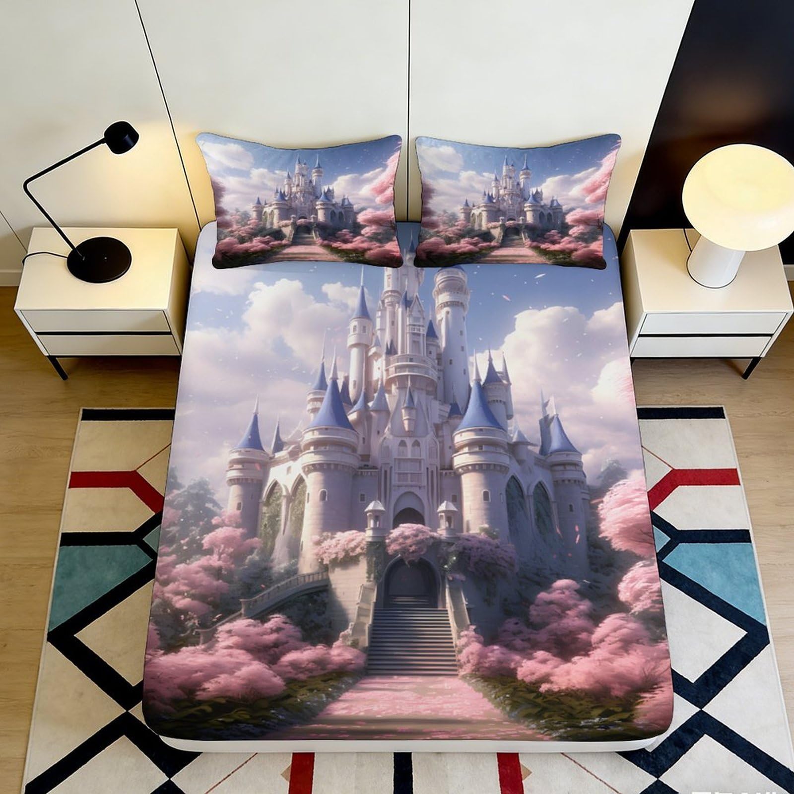 3D Printed Castle Fitted Sheet Microfiber Soft Breathable Fantasy Bed Cover for Bedroom Dormitory Guest Room Mattress Protection Decor 140x200x25cm