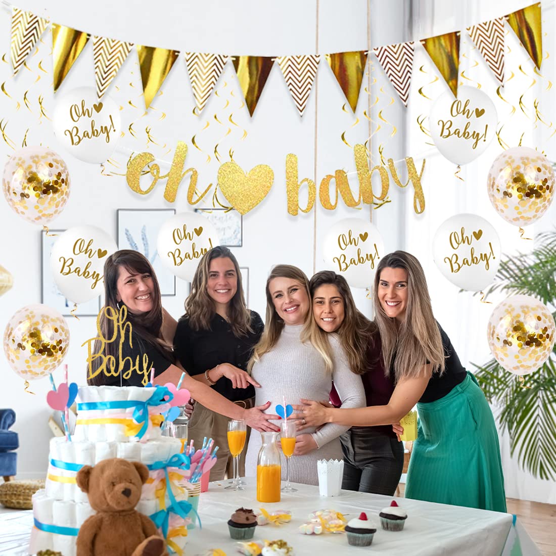 Kreatwow Decorazioni Baby Shower Oro E Bianco – Set Completo Neutro Con Banner Oh Baby, Palloncini, Cake Topper