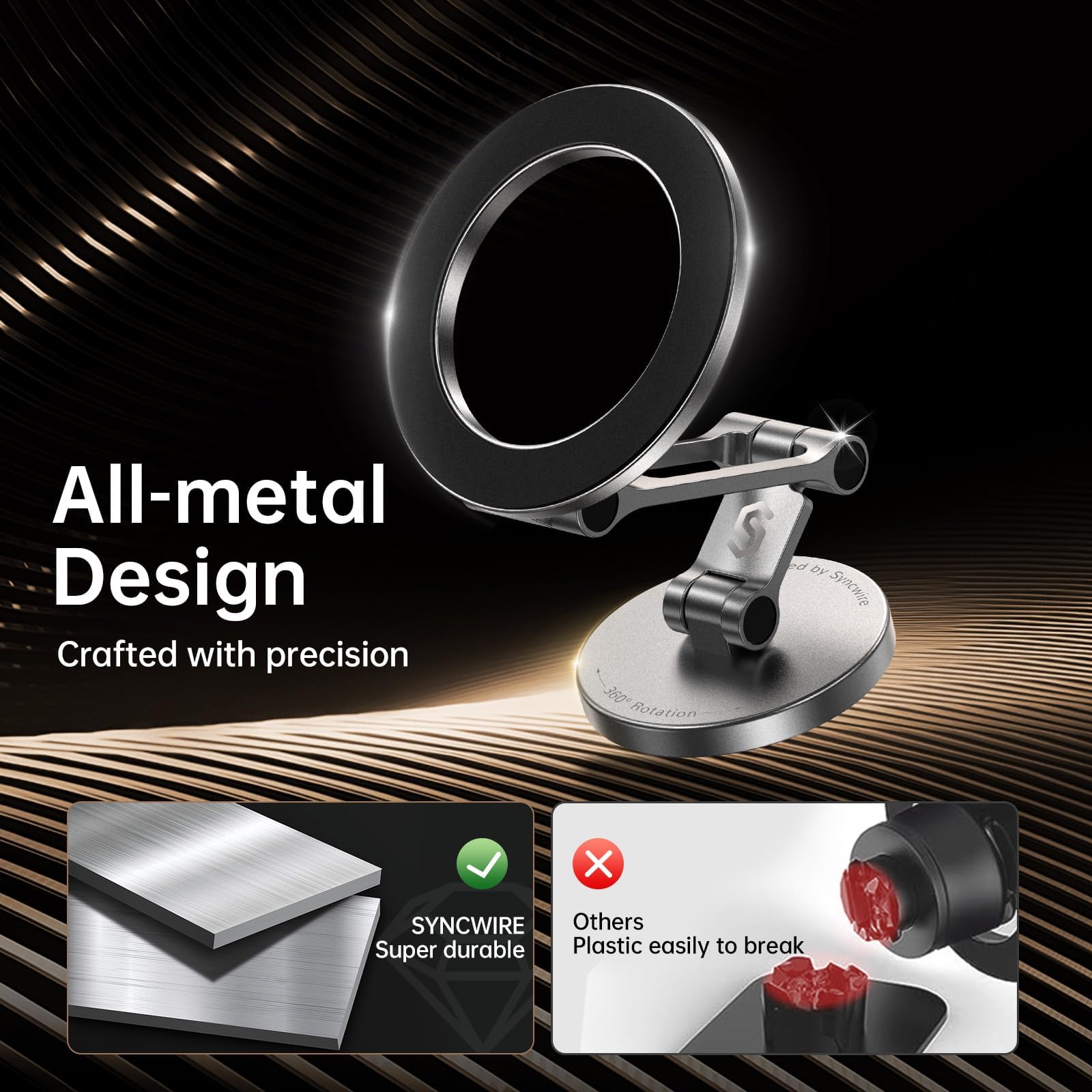 SYNCWIRE Pasuje do uchwytu samochodowego MagSafe do deski rozdzielczej i ekranu Tesla, [całkowicie metalowy] magnetyczny uchwyt na telefon do samochodu, elastyczny trzyosiowy obrót o 360°, mocne
