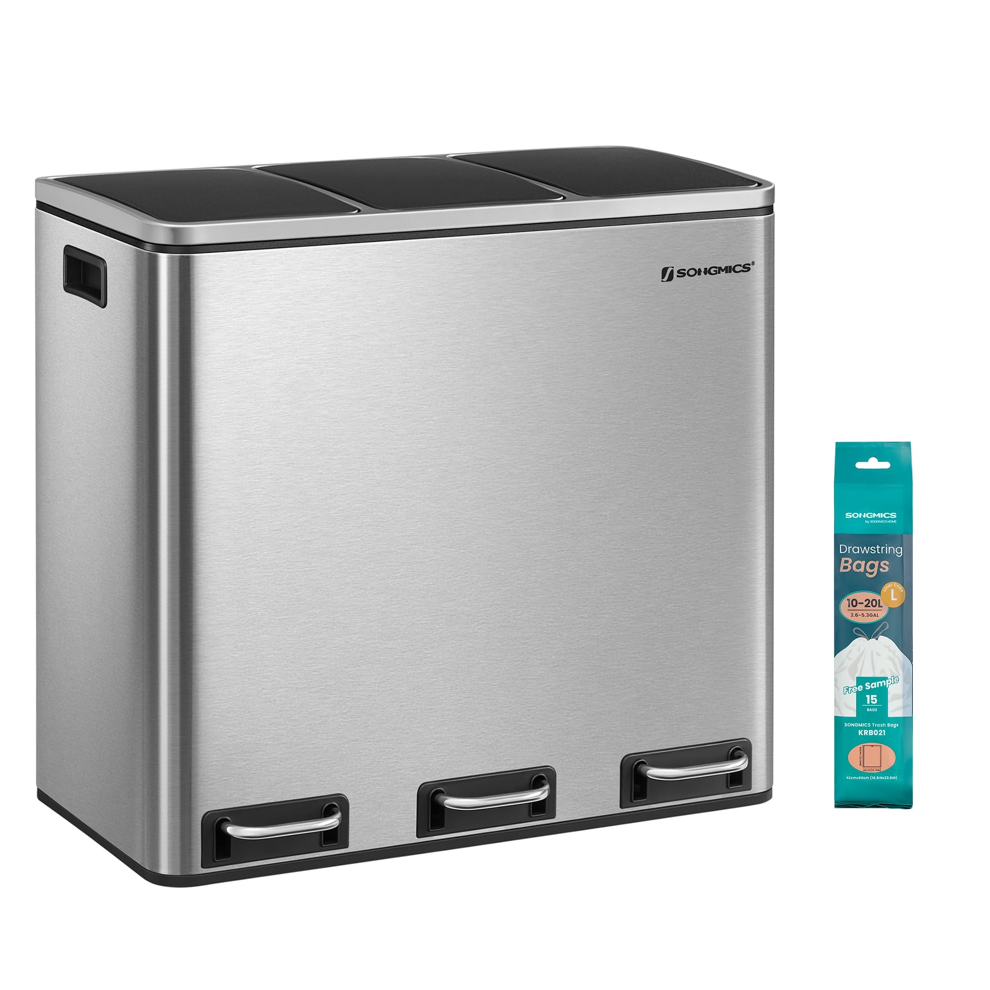 SONGMICS Poubelle Cuisine, 3 x 18L, Poubelle de Tri, 3 Compartiments, Déchets, Compost, Couvercles à Fermeture en Douceur, Pédales, Seaux Intérieurs, Acier, Argent Métallique et Noir d'Encre LTB54NL