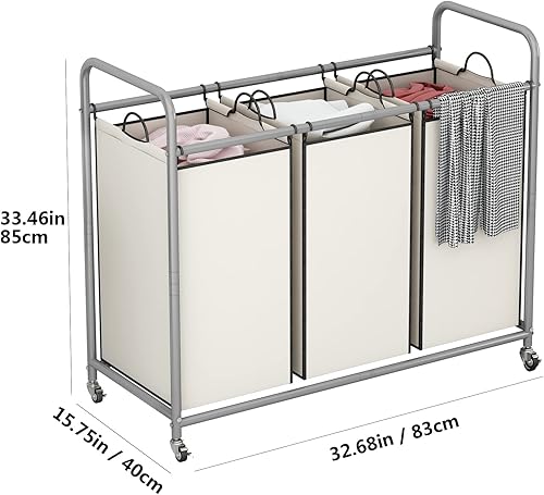 Miniatura 6 de LINZINAR Clasificador de ropa sucia de 3 bolsas, carrito de lavandería con ruedas enrollables resistentes y bolsas extraíbles (beige)