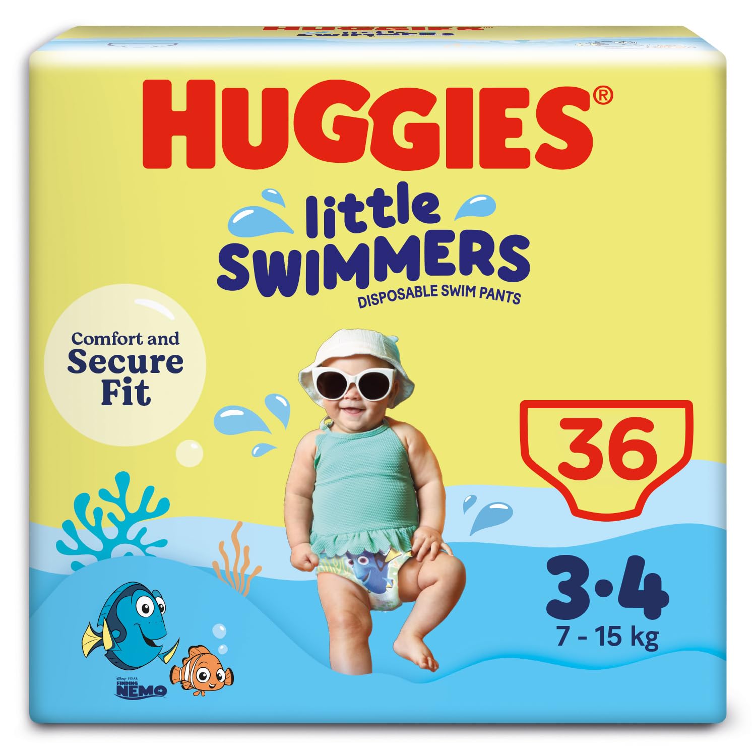 Huggies Little Swimmers Pañales Bañadores para Bebé Talla (3-4), Barreras Anti-Escapes para Una Máxima Protección en el Agua, 36 Pañales Desechables