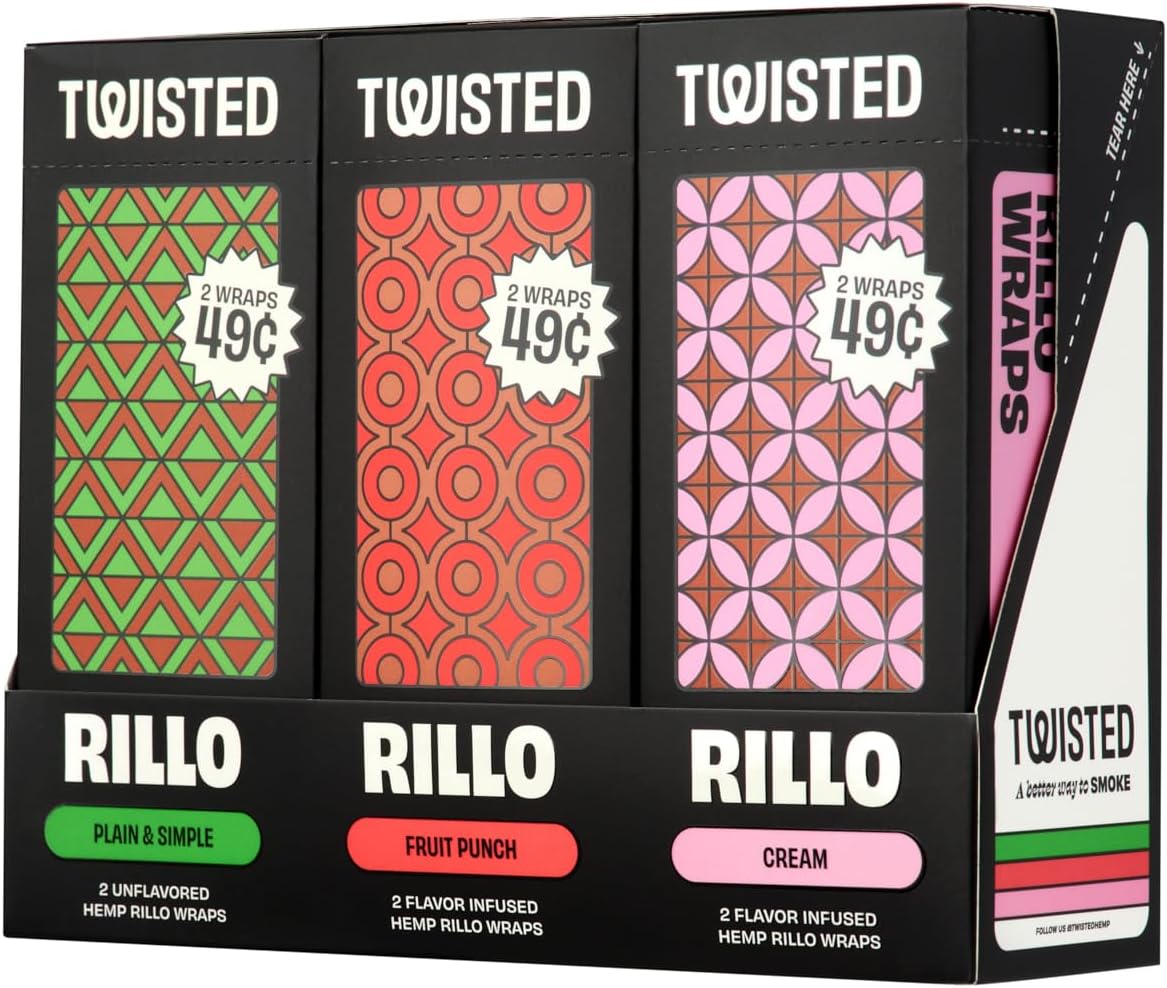 Twisted Hemp Variety Pack, 25 Plain and Simple, 25 Fruit Punch and 25 Cream 2PK/75CT Twisted Hemp Wraps Natural Cigarette Rolling Papers Display