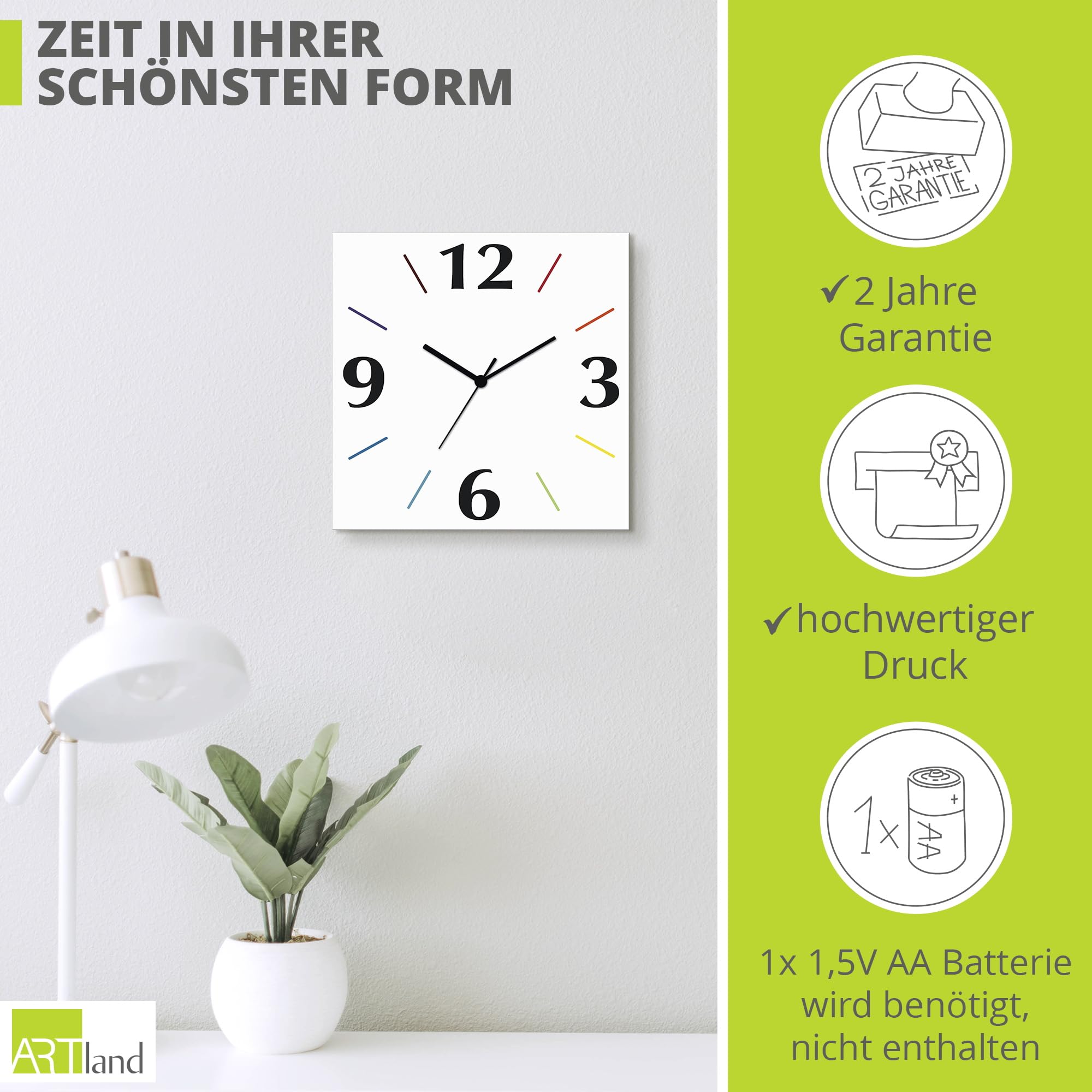 ARTLAND Wanddeko Wanduhr ohne Tickgeräusche Alu Funkuhr 30x30 cm Quadratisch Lautlos 4 Ziffern Farbig Schlichtes Design Weiß S7KI