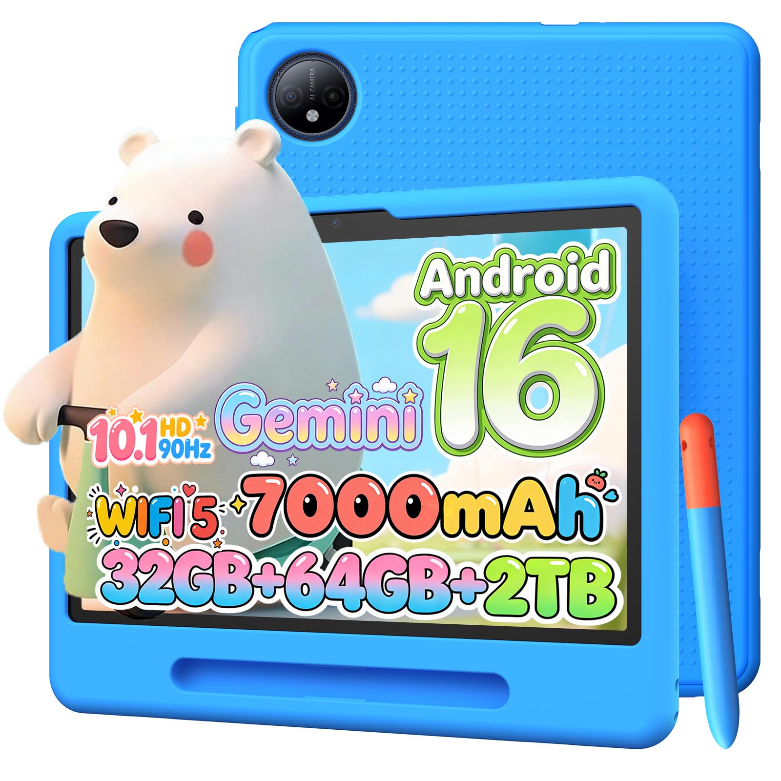 P10 Kid Tablet Bambini 10 Pollici, Tablet Android 16, 90Hz, 32GB RAM+64GB ROM, 7000mAH, Vetro Curvo 2.5D, WiFi5/Face ID/OTG/Widevine L1, Include Accessori per Tablets per Bambini, Blu