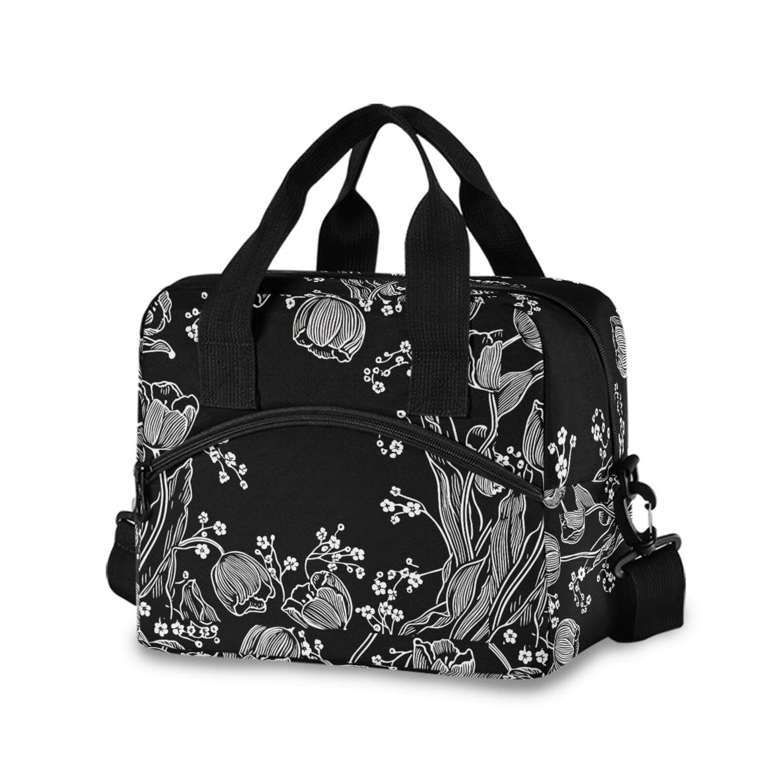 Sinestour Insulated Lunch Bag Reusable Cooler Tulips Flower Black Lunch Box Adjustable Shoulder Strap for Men Women Adults