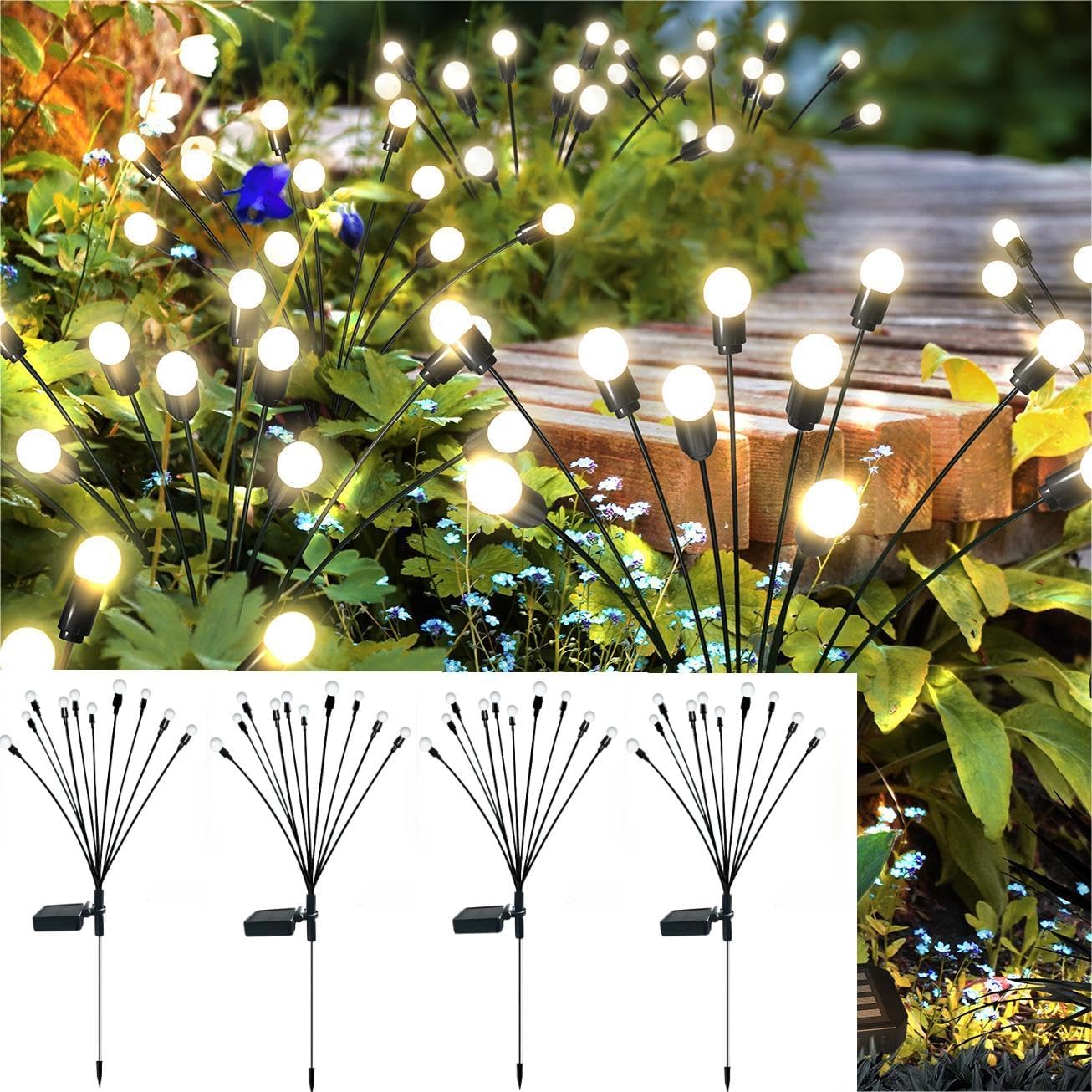 4 Pack Solar Firefly Lights Outdoor Garden Decorative 10LED Big Bulb Waterproof Wind Swaying for Yard Lawn Pathway Flower Decor Gifts for Women Mother's Day