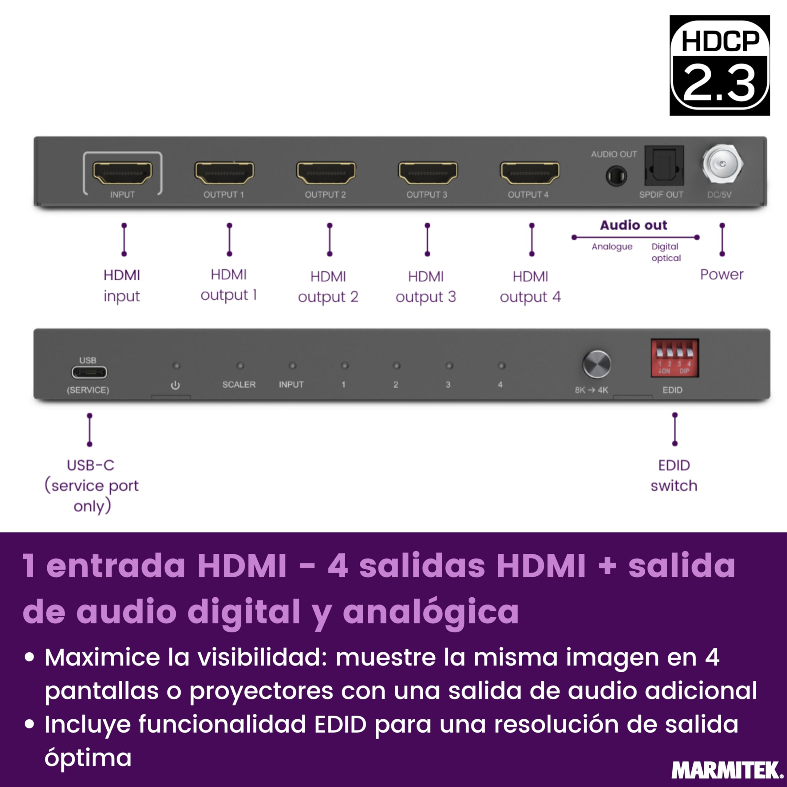 Marmitek Split 814 Pro - Splitter HDMI 8K60 4K120 1 Entrada 4 Salidas HDR | Distribuidor HDMI 2.1 con extractor audio, EDID, downscaler, HDR10+, Dolby Vision, 48 Gbps, HDCP 2.3, DTS-HD y metal