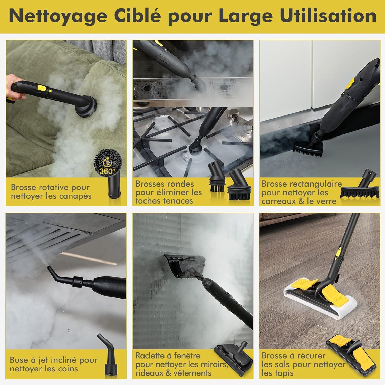 RELAX4LIFE Nettoyeur Vapeur Haute Pression 2000W |1,8 L Réservoir d'Eau | 5 Bar |18 Accessoires Polyvalents,Nettoyeur Vapeur pour Canapé, Tapis, Vitre, Verre(Jaune | plus+)