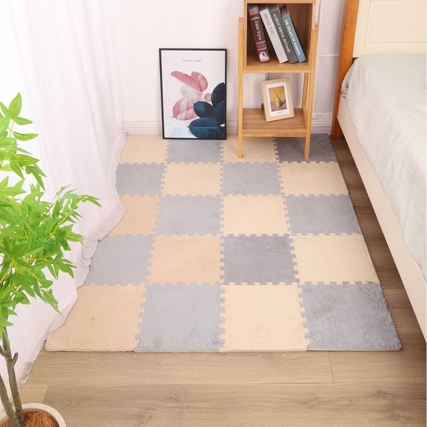 Krabbelmatten 20 Stück/15,36 Quadratfuß Flauschige, ineinander greifende Schaumstoff-Bodenfliesen mit Rand, zottelige Teppichfliesen, 12 x 12 Zoll, Puzzle-Schaumstoffmatte(Camel+Gray)