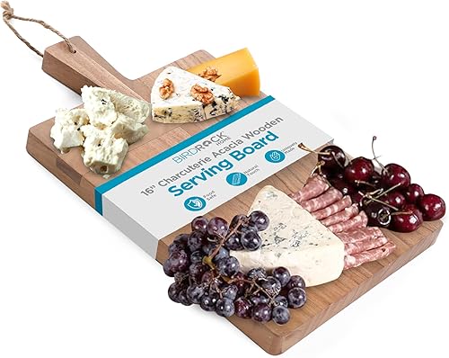 BIRDROCK HOME Tabla de madera de acacia con asa para servir  Bandeja de charcutería para fiesta para pizza, queso, carne y frutas  Pequeño plato