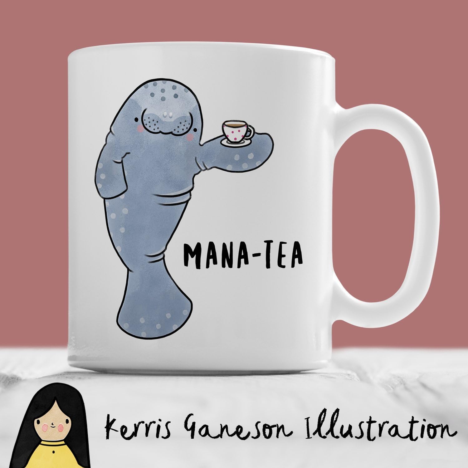 Mana-tea Mug, Cute Hand Illustrated Manatee Coffee Ceramic Mug, Funny Nerd Geek Seacow Animal Birthday Christmas, Gift For Him, Gift For Her