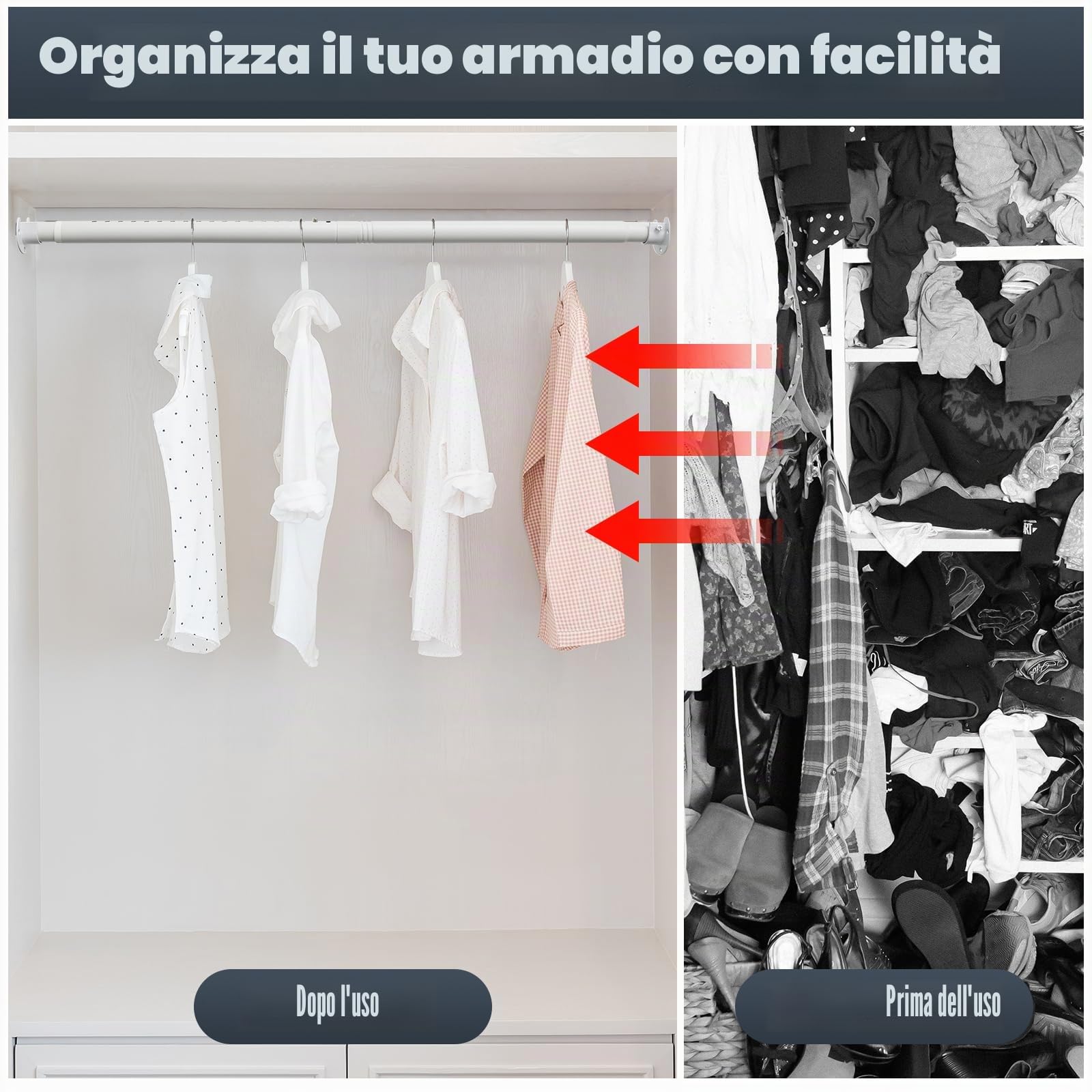 Appendiabiti allungabile, 40 – 212 cm, colore bianco, con 2 piedini a forma di U per armadi, lavanderie e camper