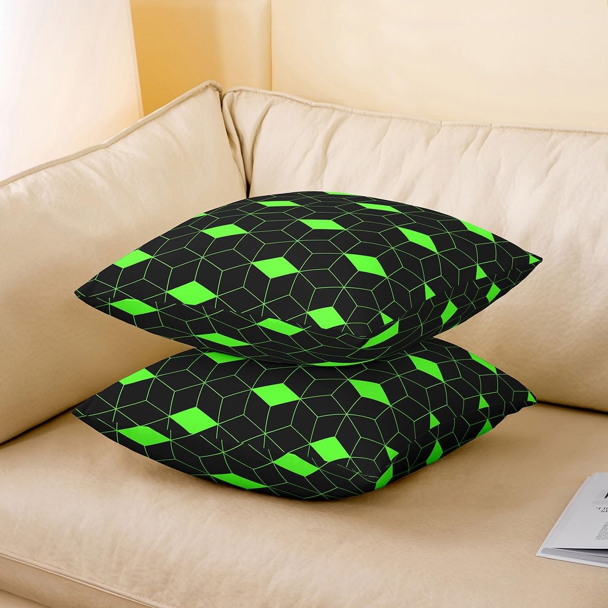 Neon Green Checkered Throw Pillow Covers Kids,Geometric Honeycomb Pillow Cases,Gaming Building Block Cushion Covers for Boys Teens,Modern Black Sofa Bed Decor,Pack of 2,18" Lx18 W image 3