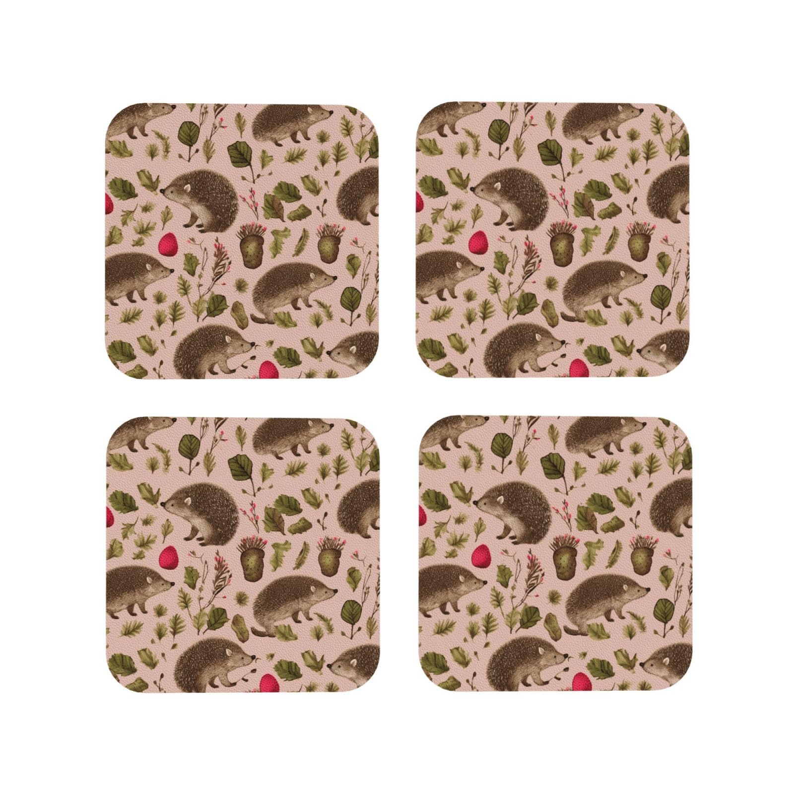 4pcs Drink Coasters for Tabletop Protection, 4" Leather Coasters for Drinks, Hedgehog Print Cup Coasters for Coffee Table Decor, Non-Slip Drinking Cup Mat for Hot Or Cold Drink