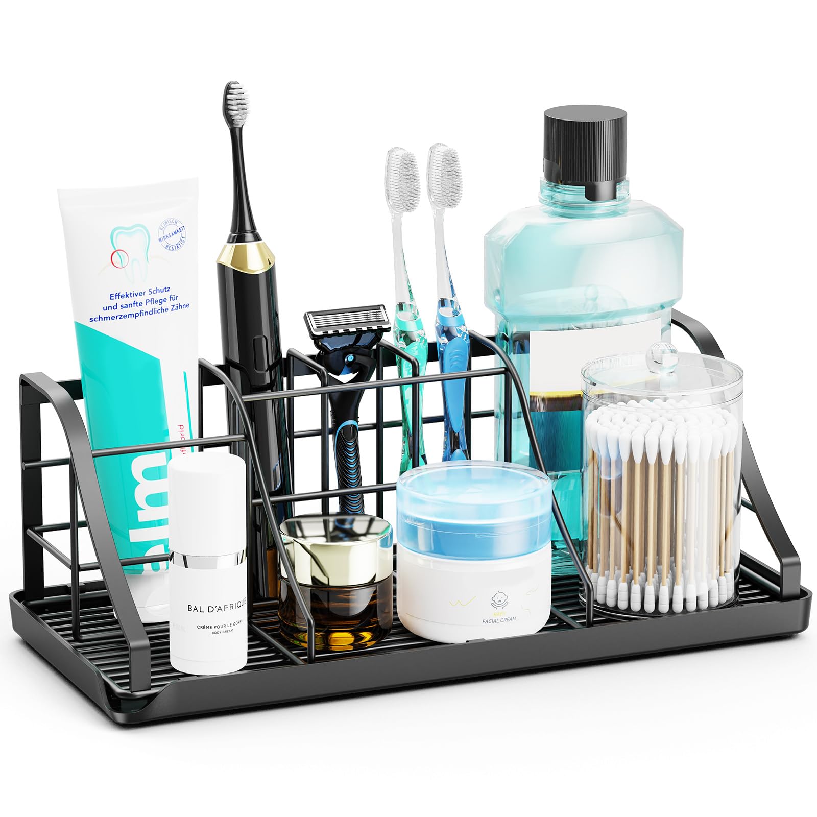 CHONLY 7 Slots Toothbrush Holder, Stainless Steel Toothbrush and Toothpaste Holder, Black Electric Toothbrush Holder, Detachable Drain Tray Bathroom Storage, Bathroom Organiser for Family
